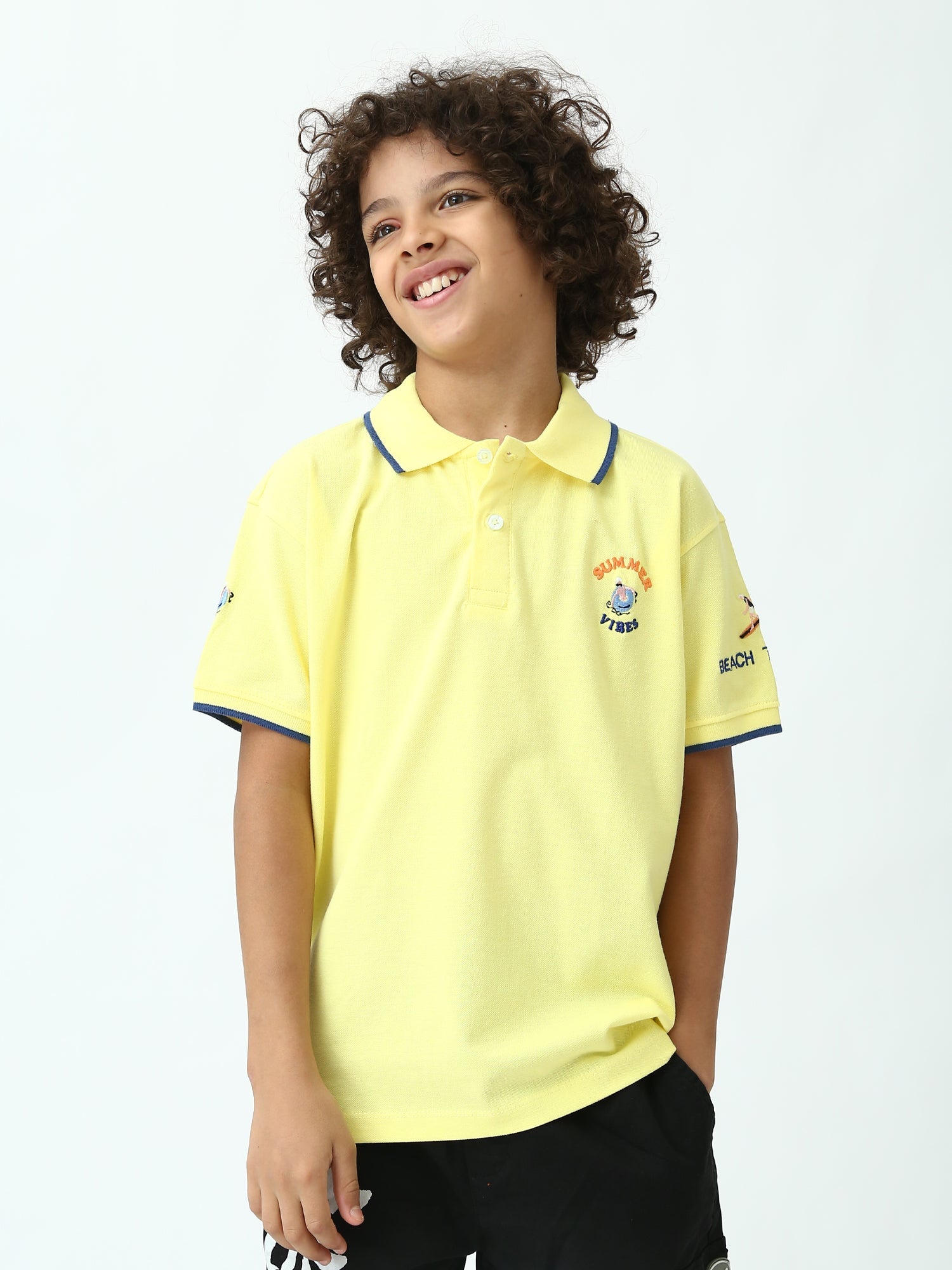 Polo ado garçon jaune manches courtes, col polo, broderie Summer Vibes - POS24SEPI75402MJ1