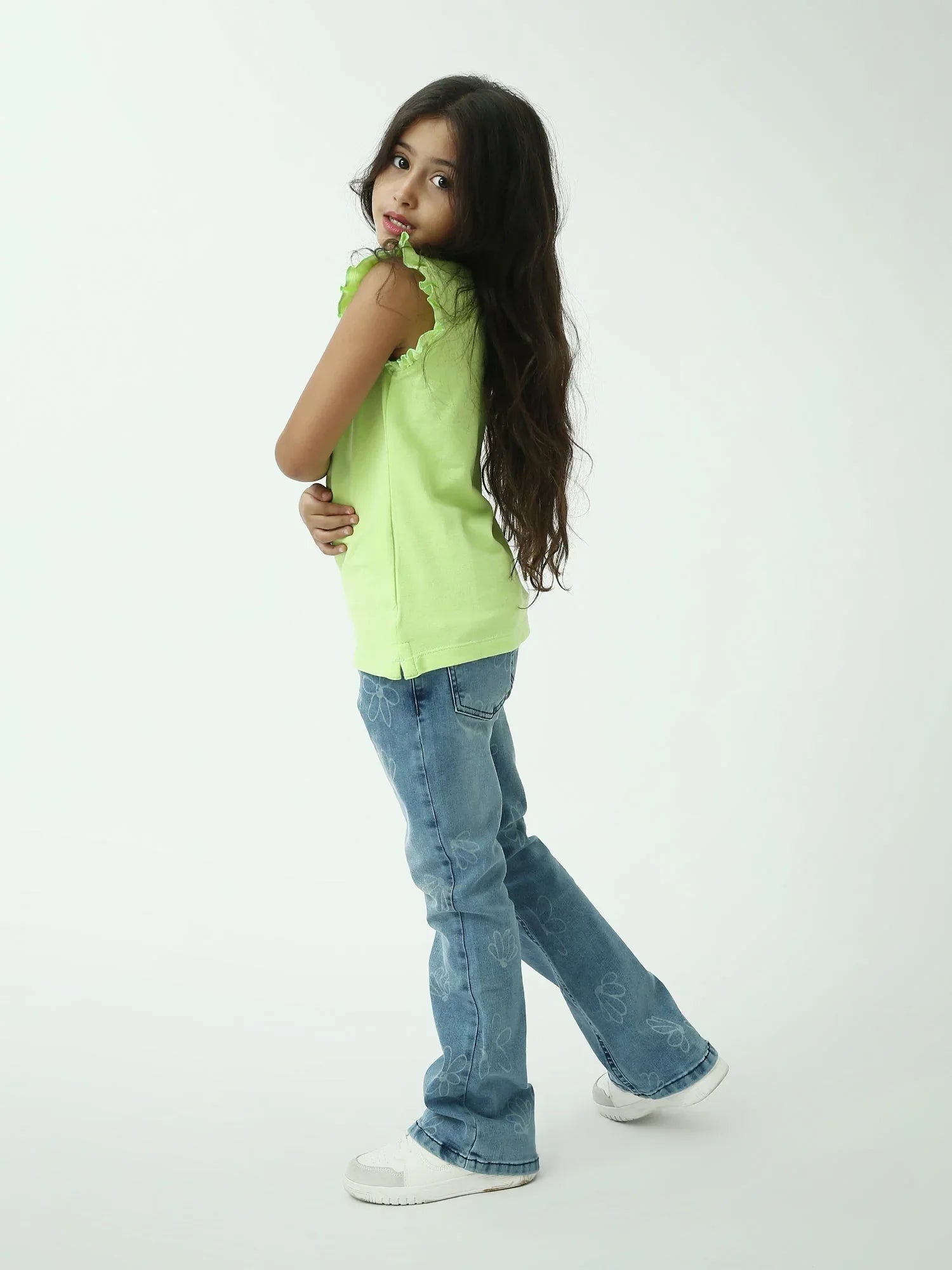 Polo fille vert néon à volants – col contrasté, sans manches - POS24SEPR70591MG1 - Justyol