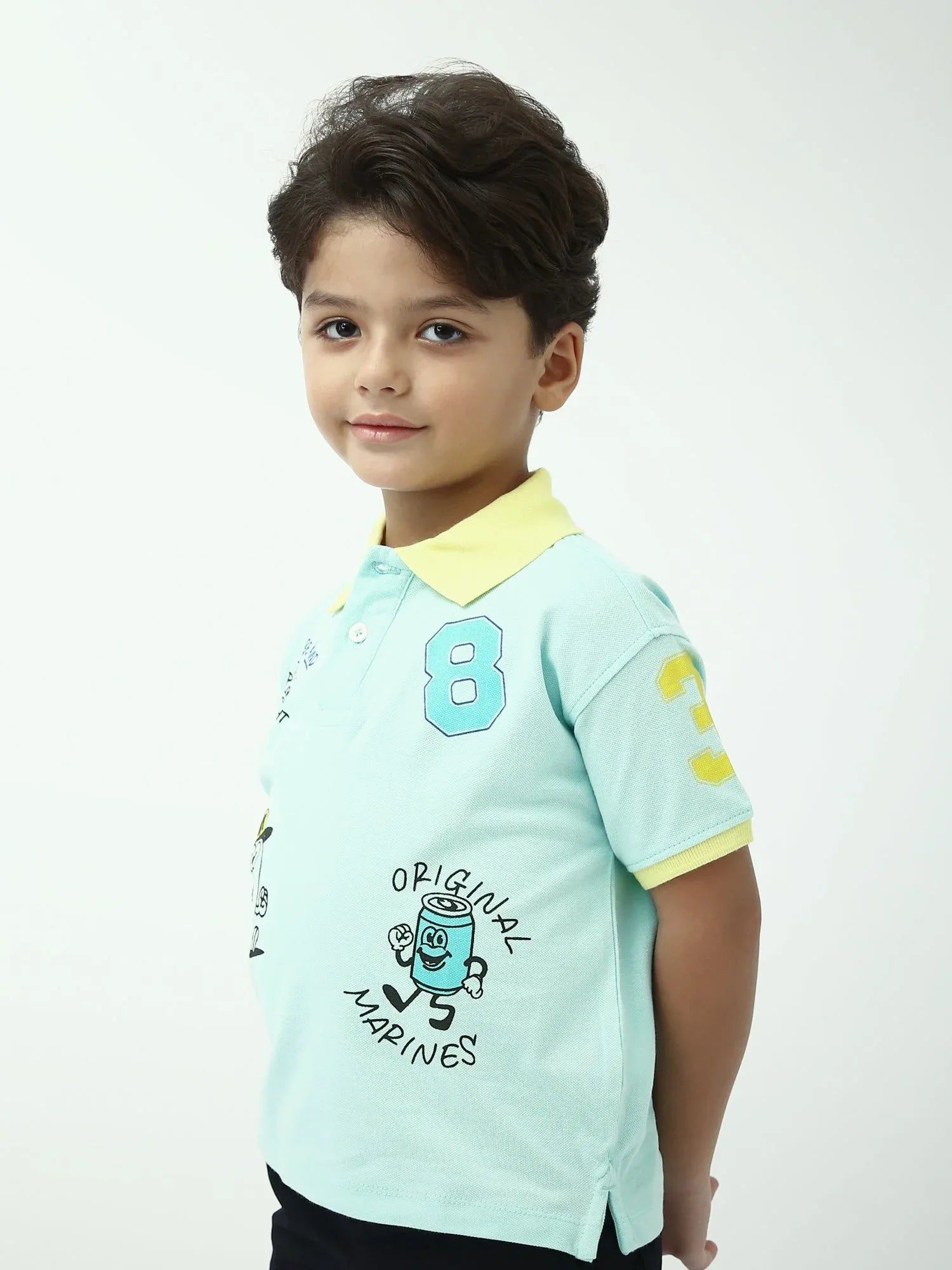 Polo garçon bleu menthe col jaune manches courtes avec imprimés, style casual - POS24SPPI75380MB1 - Justyol