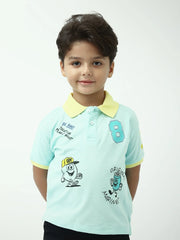 Polo garçon bleu menthe col jaune manches courtes avec imprimés, style casual - POS24SPPI75380MB1 - Justyol