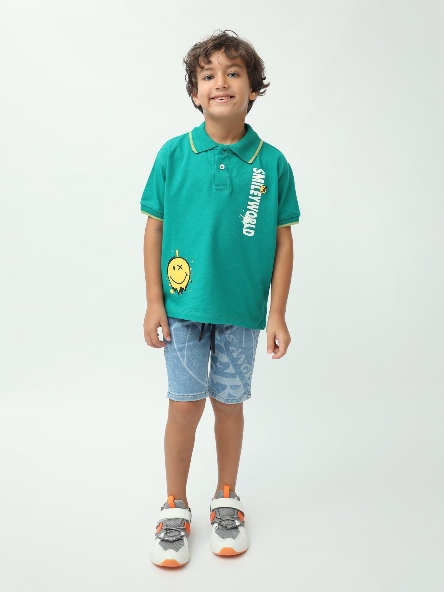 Polo garçon vert manches courtes imprimé Smiley World, col polo - POS24SPPI75386MB1