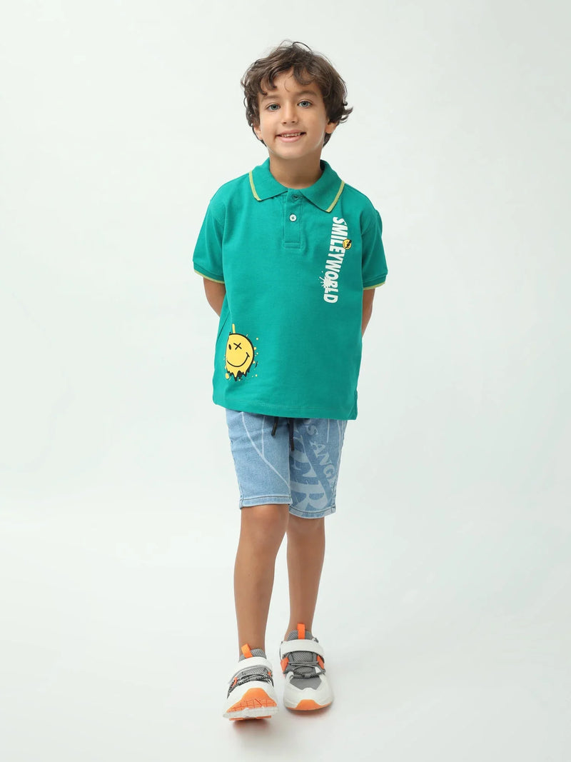 Polo garçon vert manches courtes imprimé Smiley World, col polo - POS24SPPI75386MB1
