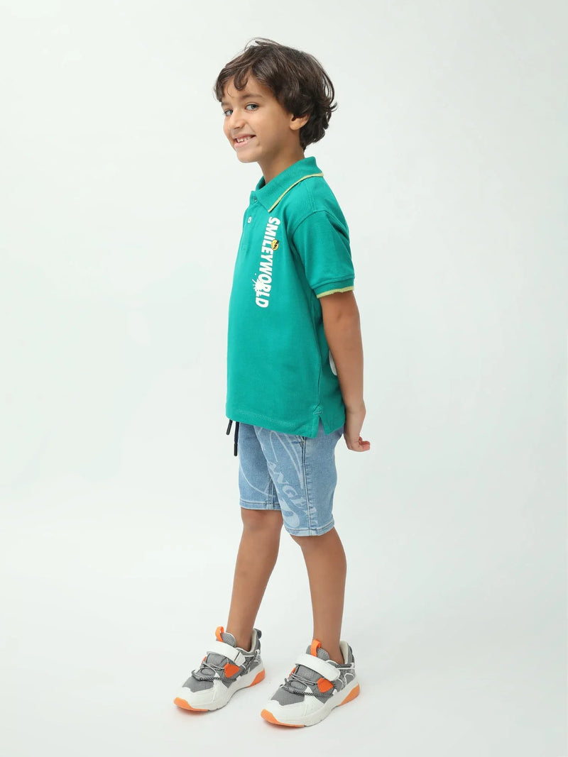Polo garçon vert manches courtes imprimé Smiley World, col polo - POS24SPPI75386MB1