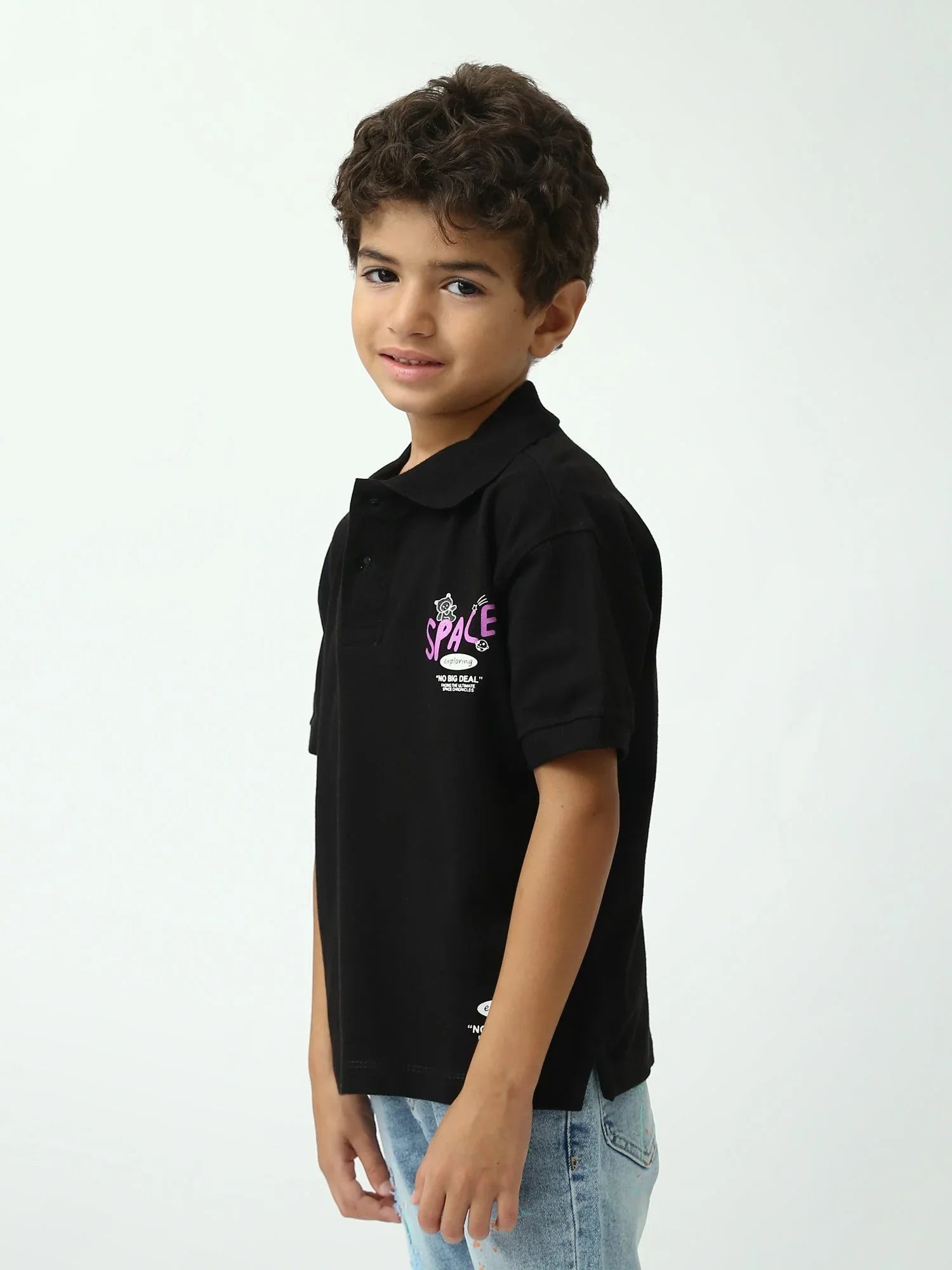 Polo garçon noir manches courtes imprimé Space, col polo - POS24SPPI75394MB1 - Justyol