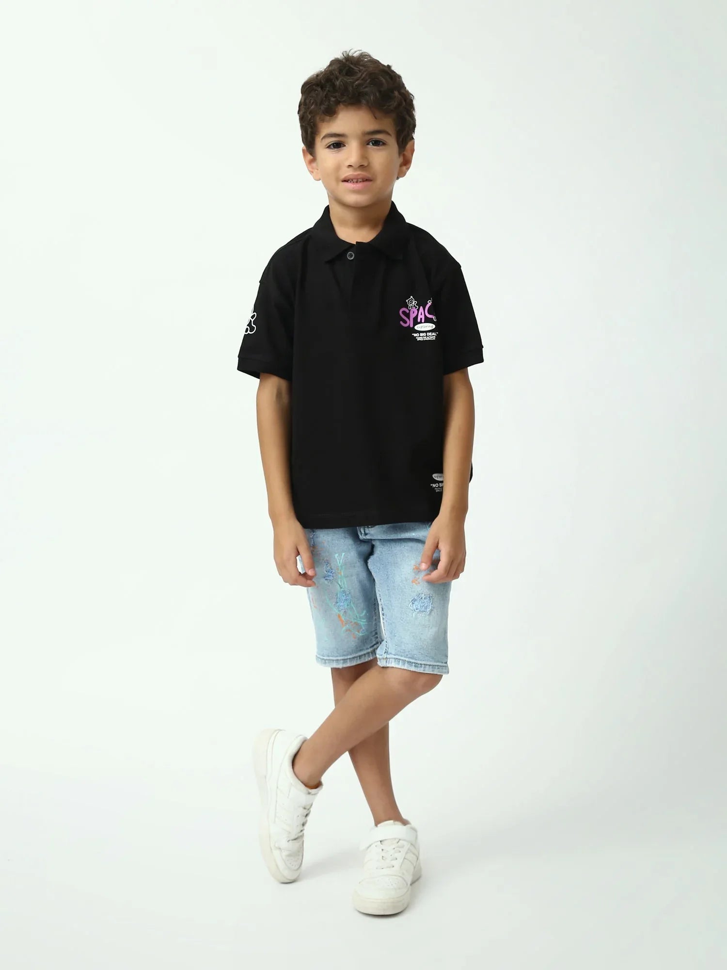 Polo garçon noir manches courtes imprimé Space, col polo - POS24SPPI75394MB1 - Justyol