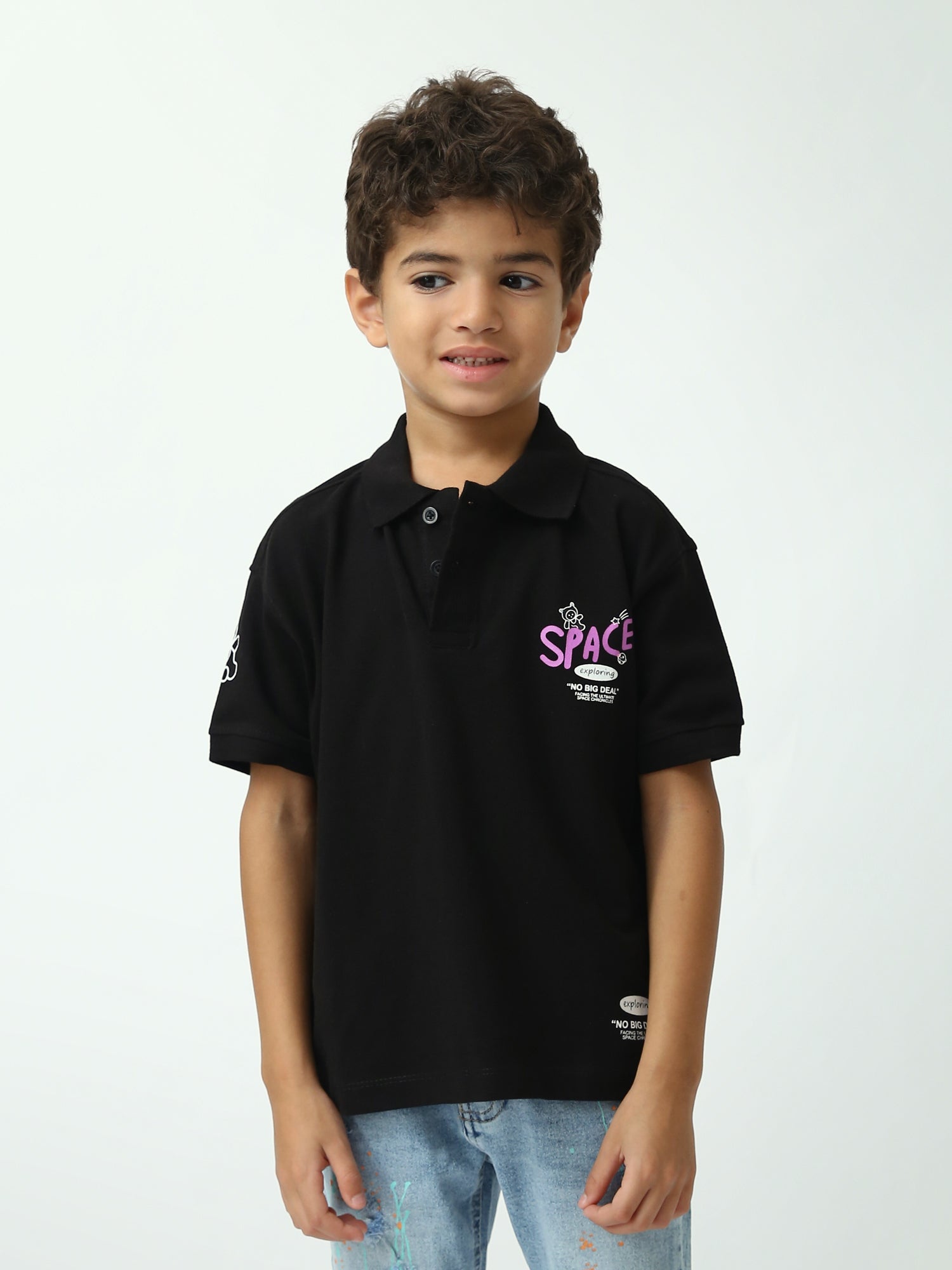 Polo garçon noir manches courtes imprimé Space, col polo - POS24SPPI75394MB1