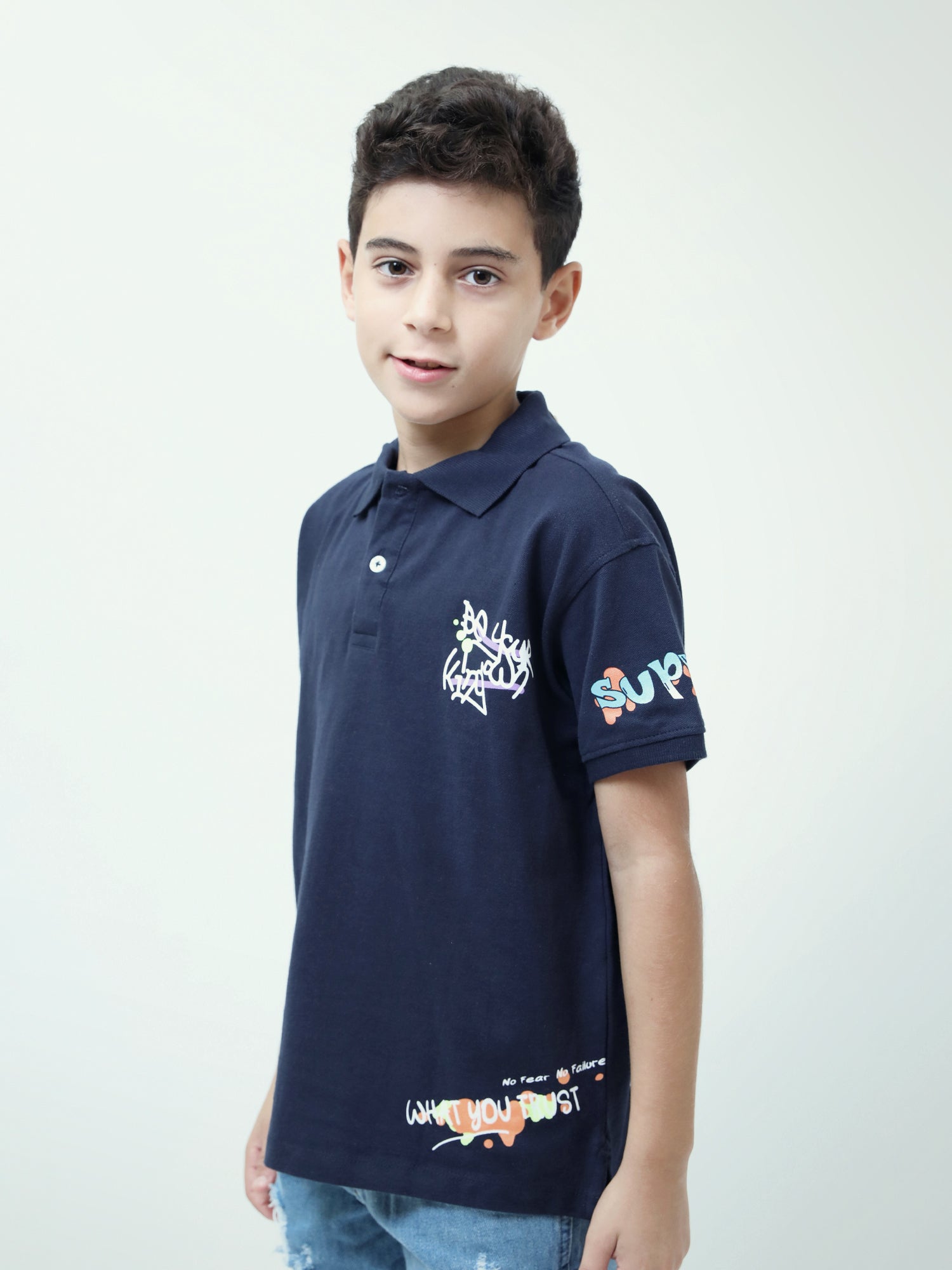 Polo ado garçon bleu marine manches courtes, col polo, imprimés streetwear - POS24SPPI75395MJ1