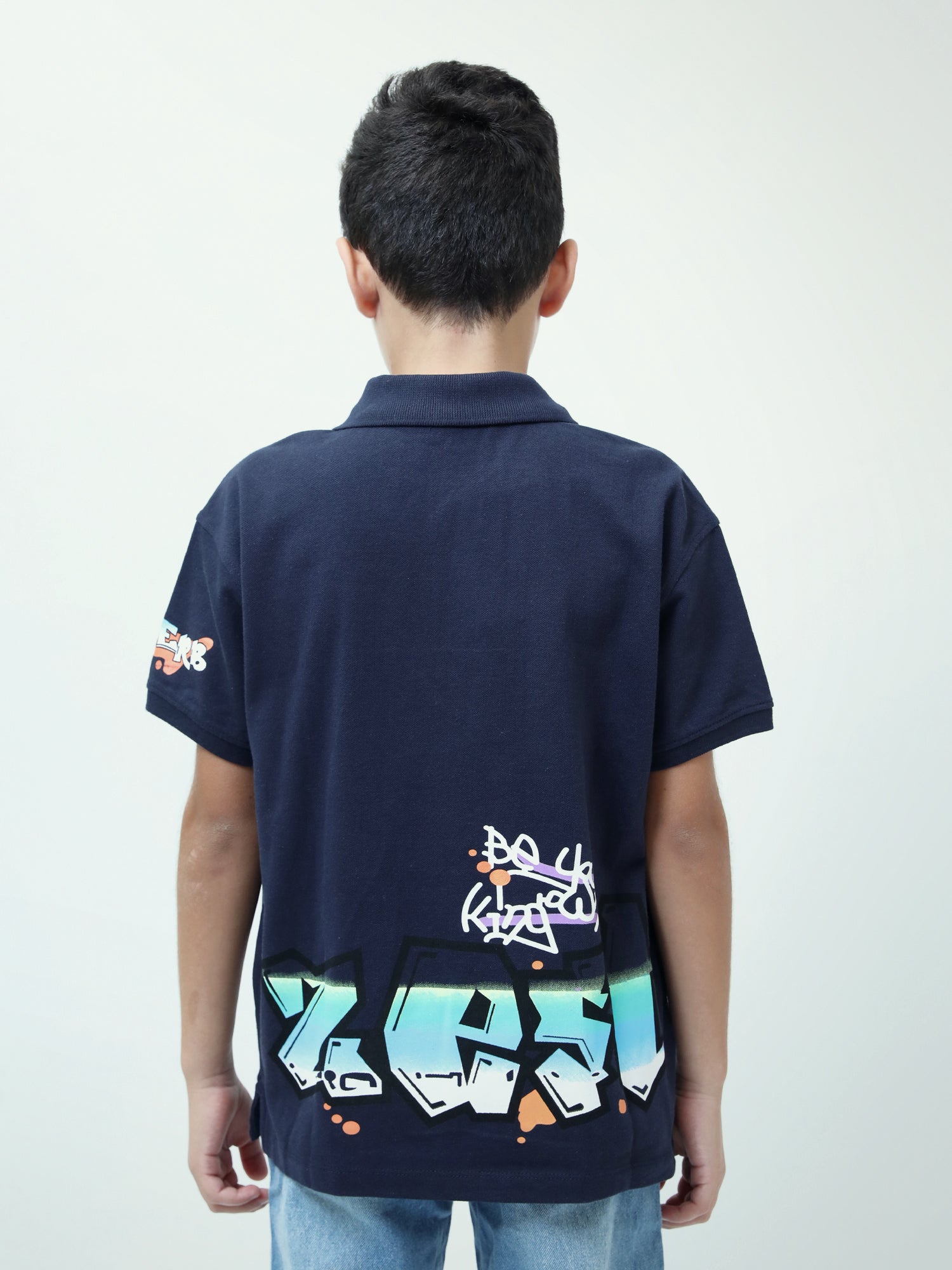 Polo ado garçon bleu marine manches courtes, col polo, imprimés streetwear - POS24SPPI75395MJ1