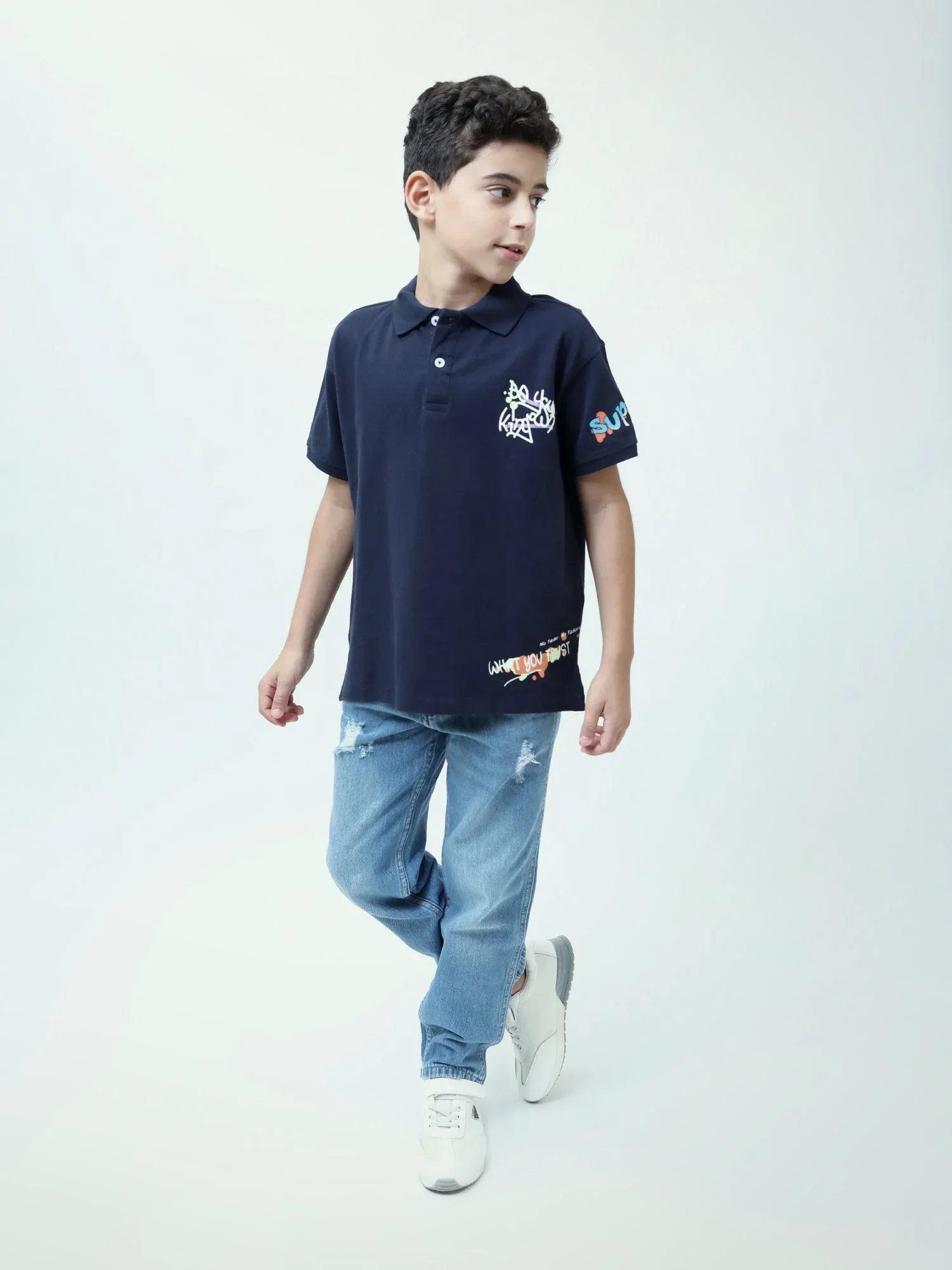 Polo ado garçon bleu marine manches courtes, col polo, imprimés streetwear - POS24SPPI75395MJ1 - Justyol