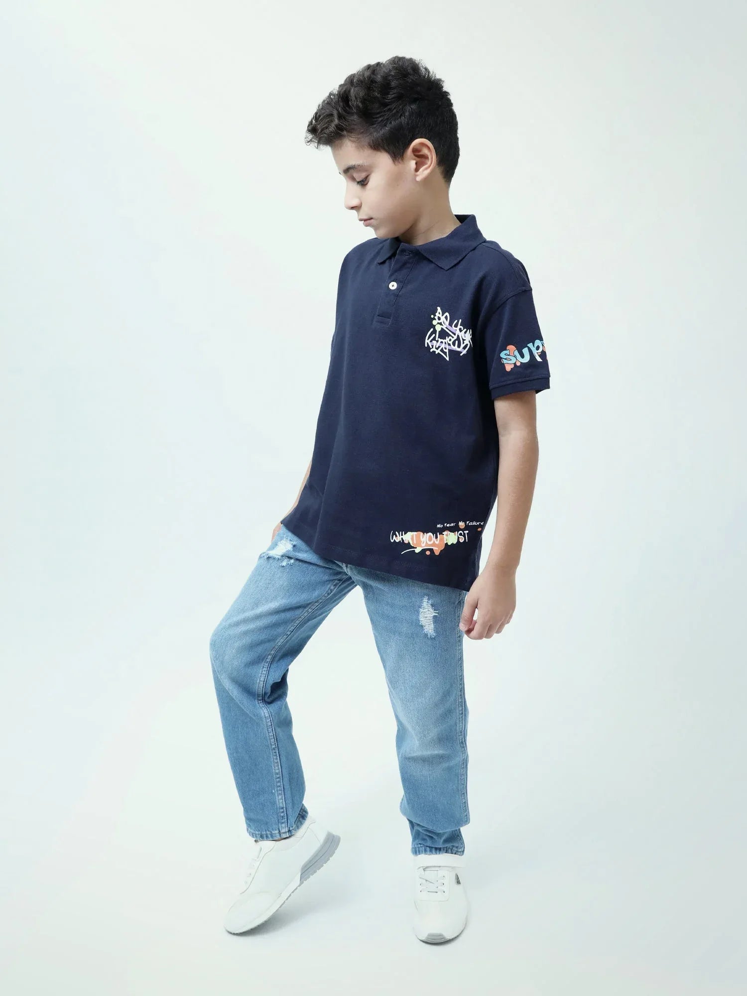 Polo ado garçon bleu marine manches courtes, col polo, imprimés streetwear - POS24SPPI75395MJ1 - Justyol