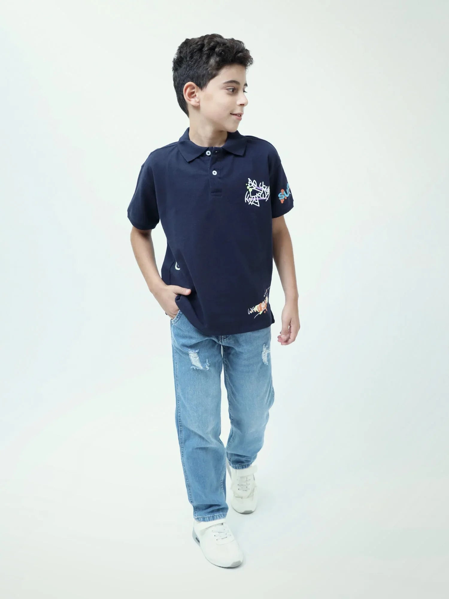 Polo ado garçon bleu marine manches courtes, col polo, imprimés streetwear - POS24SPPI75395MJ1 - Justyol