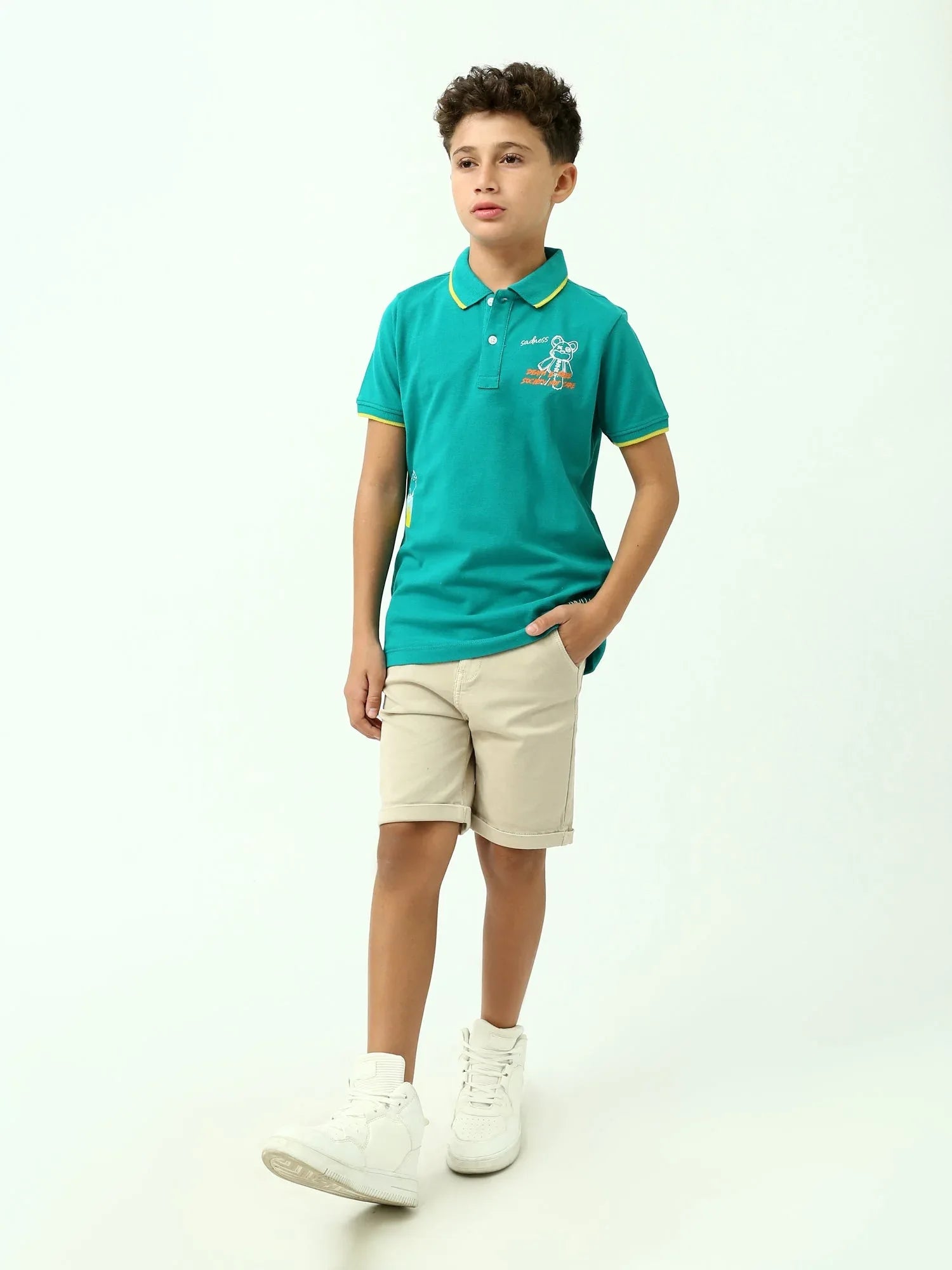 Polo ado garçon vert turquoise avec liserés jaunes – manches courtes - POS24SPPI75541MJ1 - Justyol