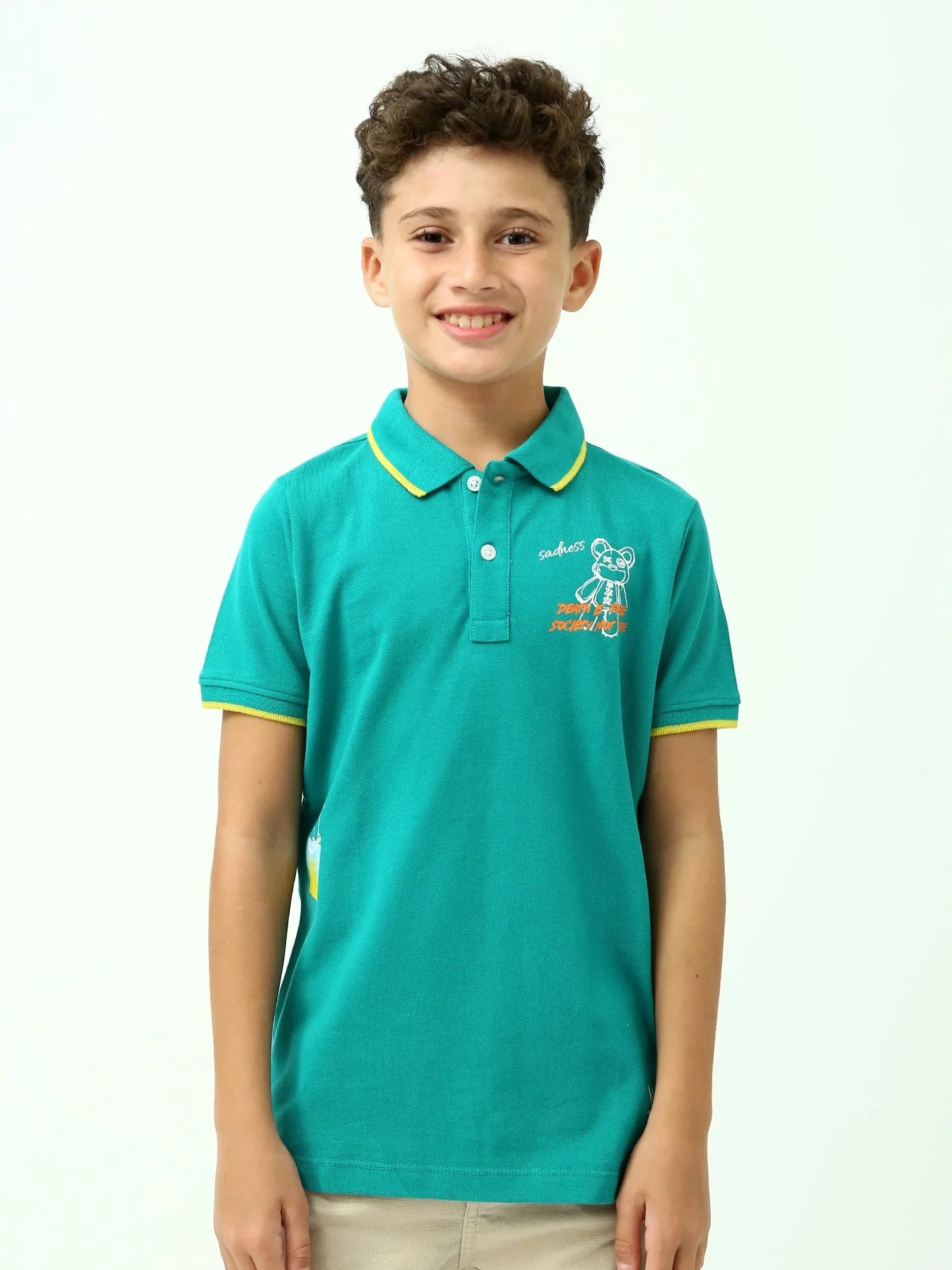 Polo ado garçon vert turquoise avec liserés jaunes – manches courtes - POS24SPPI75541MJ1 - Justyol