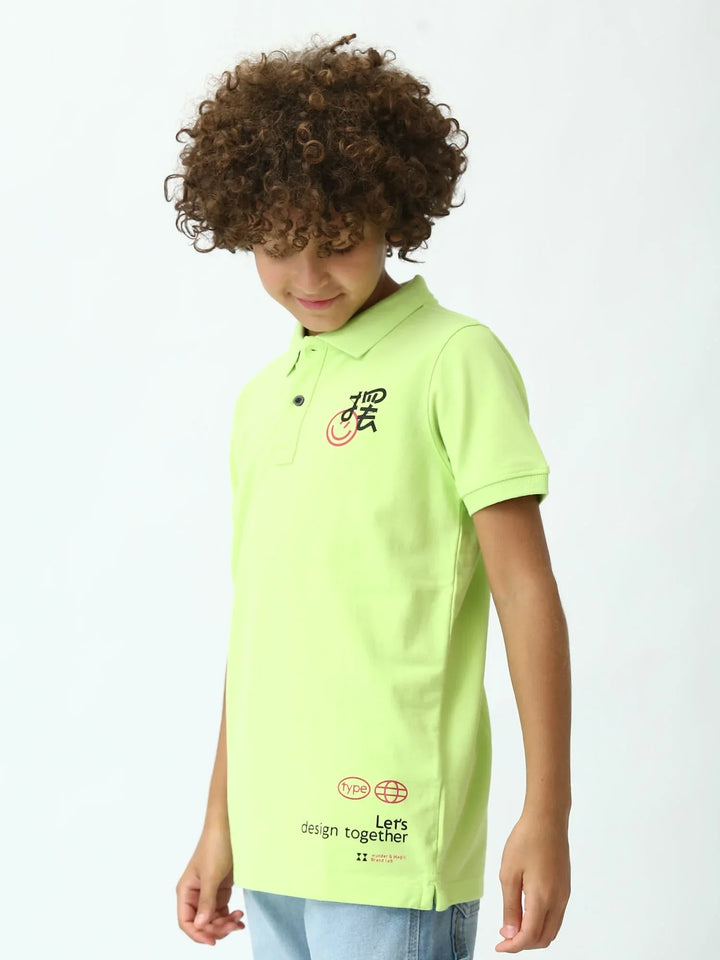 Polo ado garçon vert néon imprimé – manches courtes, style été - POS24SPPI75543MJ1