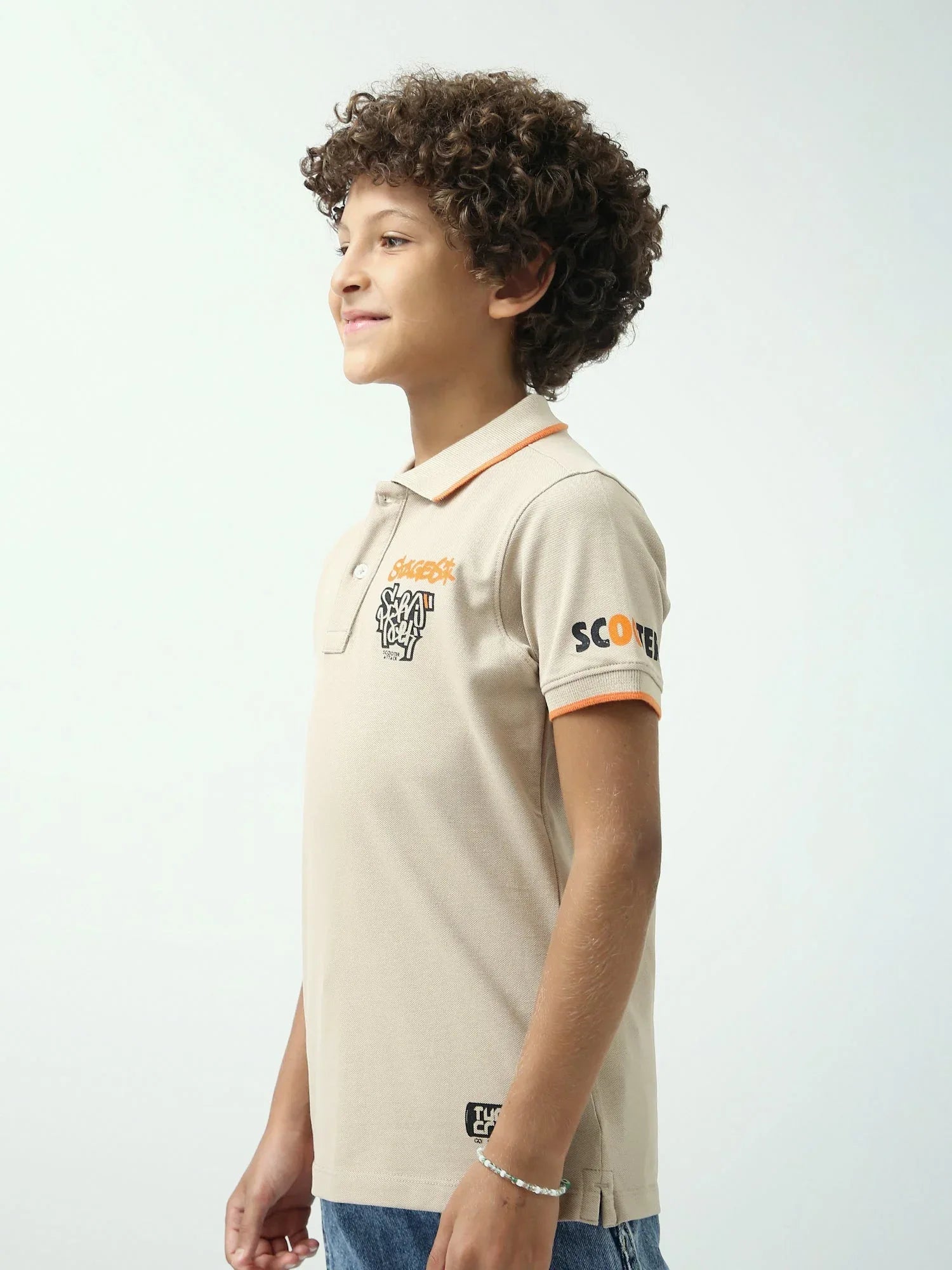 Polo ado garçon beige café – détails orange, style streetwear - POS24SPPI75545MJ1 - Justyol