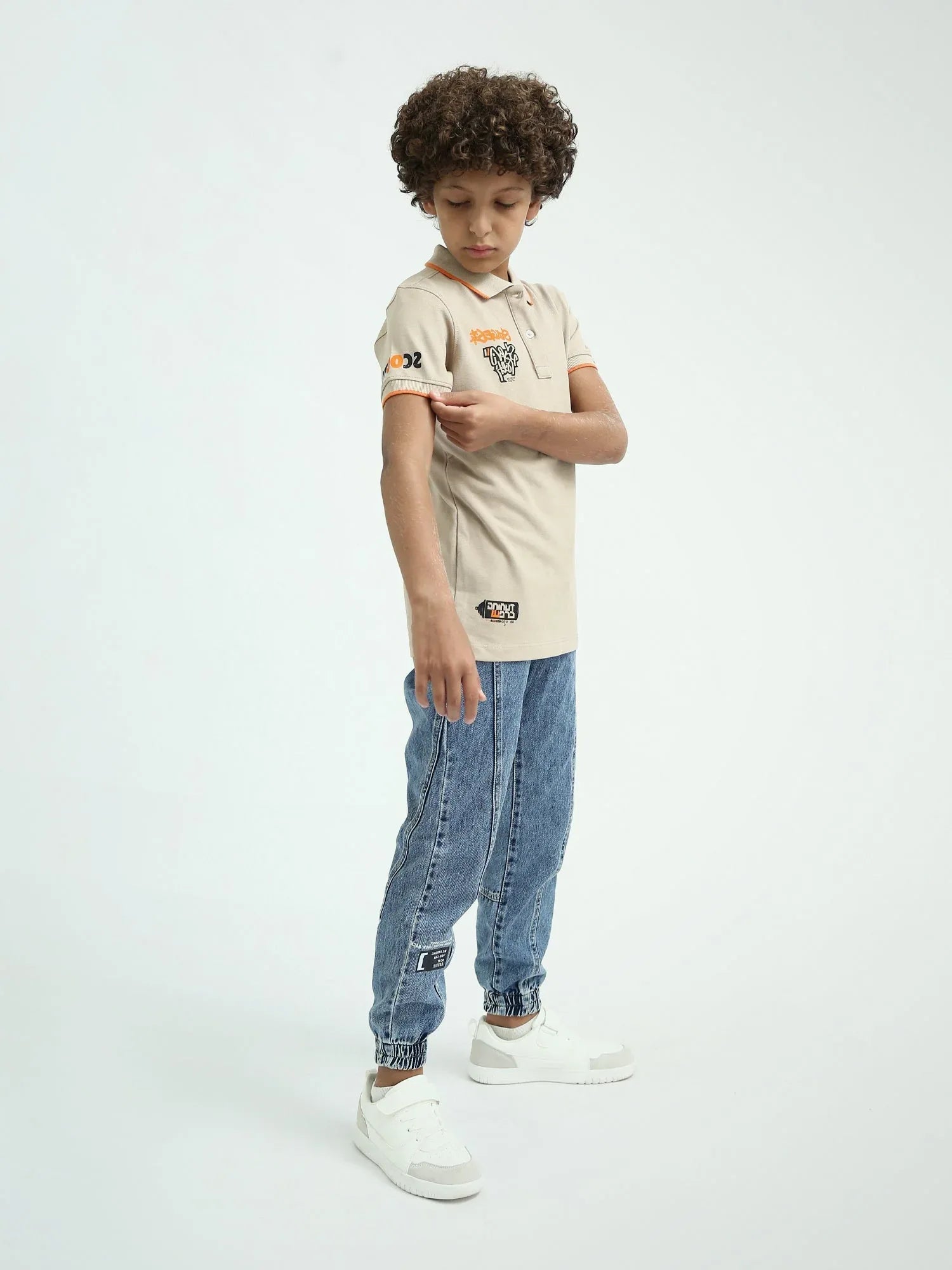 Polo ado garçon beige café – détails orange, style streetwear - POS24SPPI75545MJ1 - Justyol