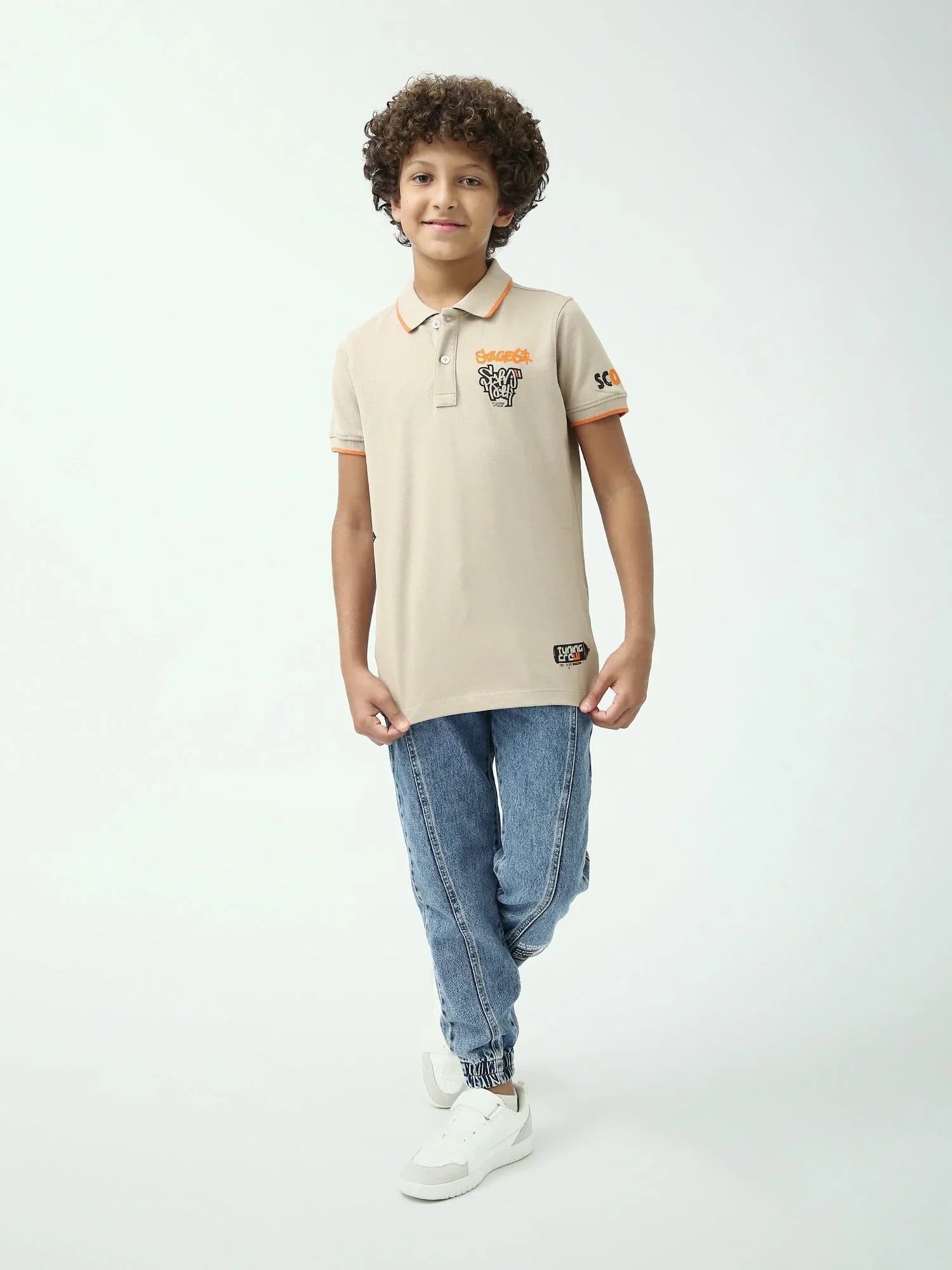 Polo ado garçon beige café – détails orange, style streetwear - POS24SPPI75545MJ1 - Justyol