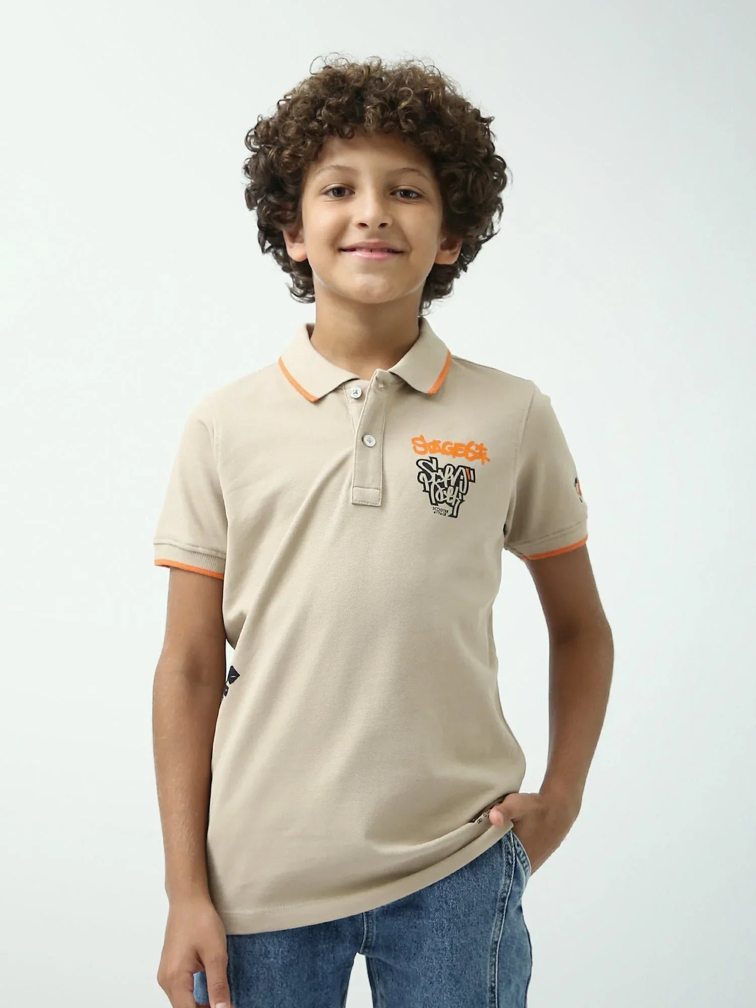 Polo ado garçon beige café – détails orange, style streetwear - POS24SPPI75545MJ1 - Justyol