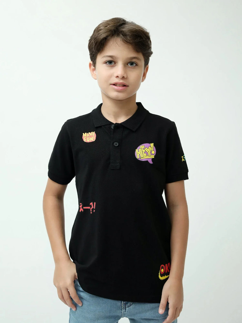 Polo ado garçon noir avec badges imprimés – manches courtes - POS24SPPI75550MJ1
