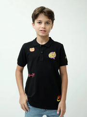 Polo ado garçon noir avec badges imprimés – manches courtes - POS24SPPI75550MJ1 - Justyol