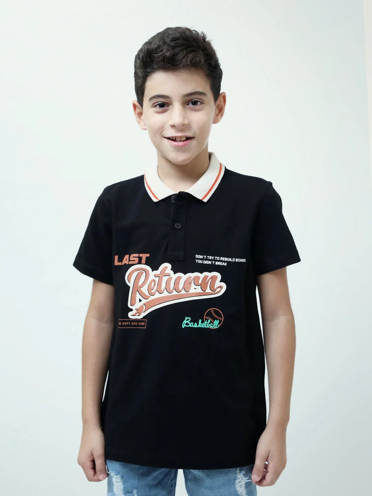 Polo ado garçon noir imprimé Basketball – col contrasté - POS24SPPI75563MJ1 - Justyol
