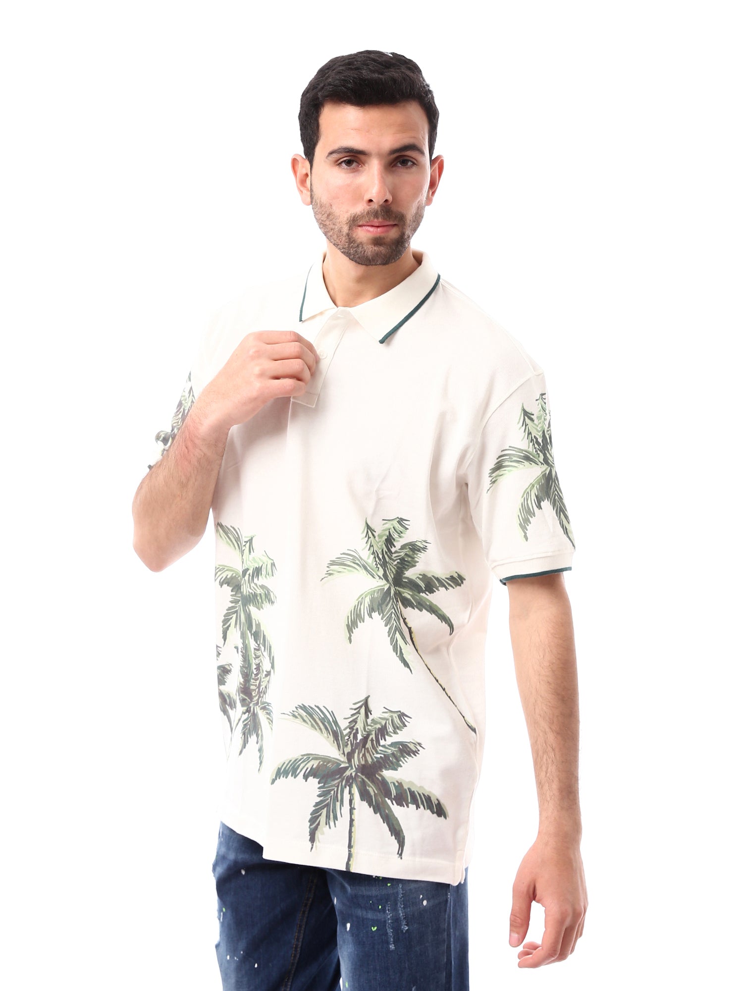 قميص بولو للرجال صيفي بتصميم عصري، مع طبعة النخيل - POS24SPPR21900TM1