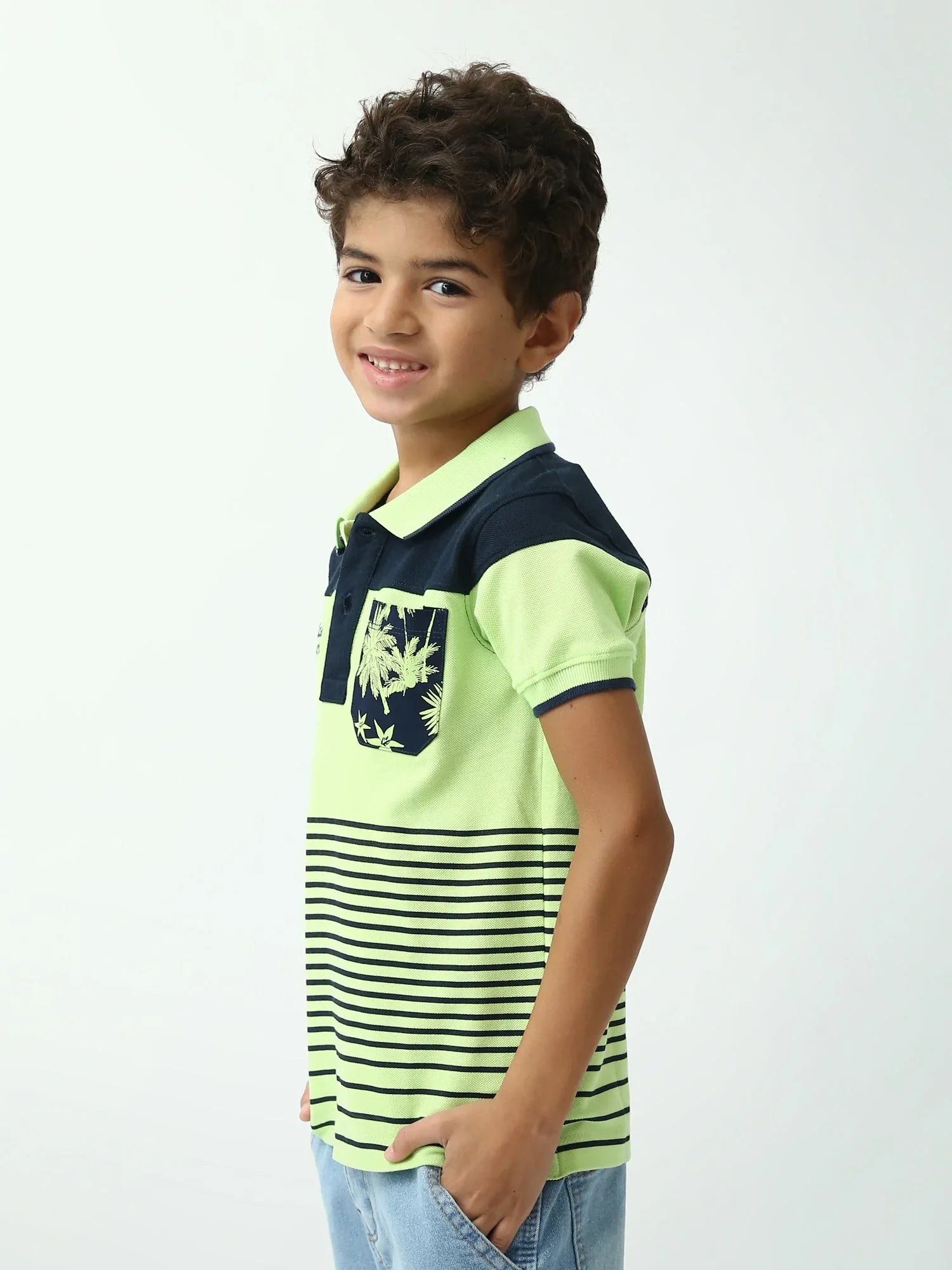 Polo garçon vert citron et bleu marine – rayures, poche imprimée - POS24SSPR75288MB1 - Justyol