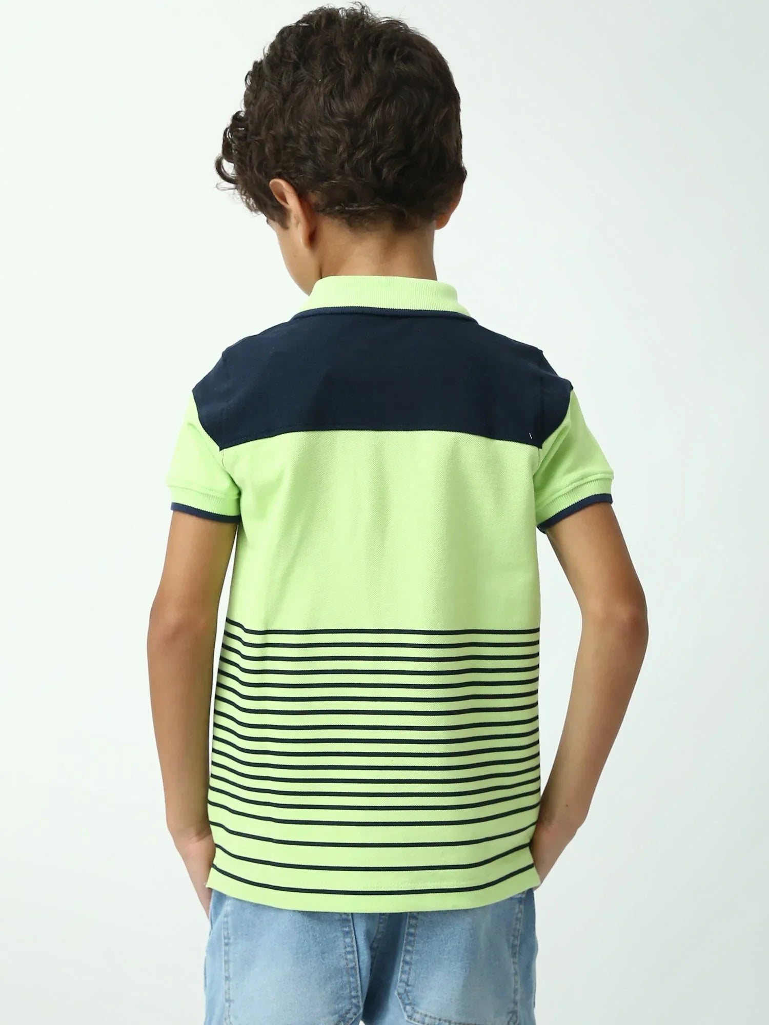 Polo garçon vert citron et bleu marine – rayures, poche imprimée - POS24SSPR75288MB1 - Justyol