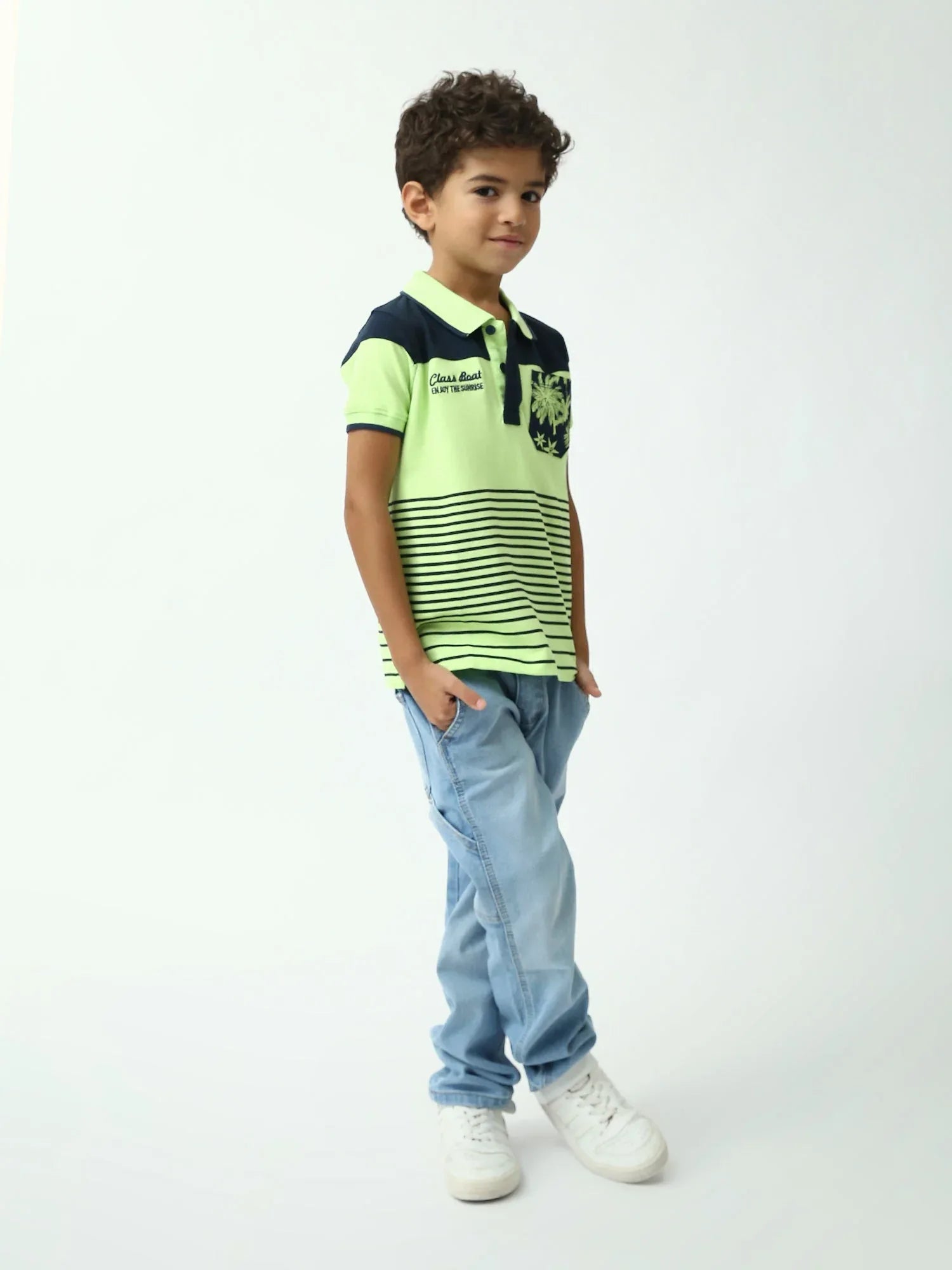 Polo garçon vert citron et bleu marine – rayures, poche imprimée - POS24SSPR75288MB1 - Justyol