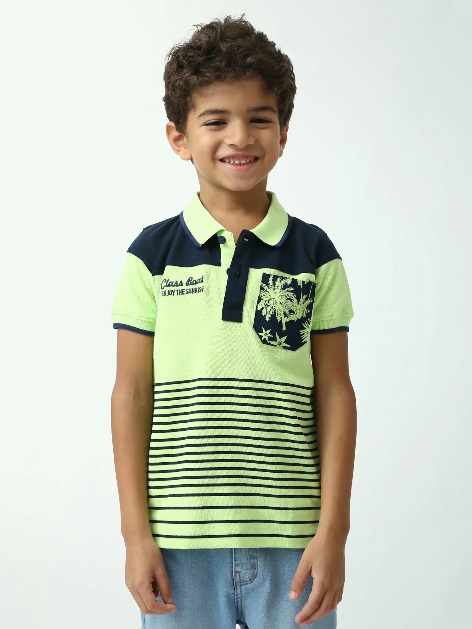 Polo garçon vert citron et bleu marine – rayures, poche imprimée - POS24SSPR75288MB1 - Justyol