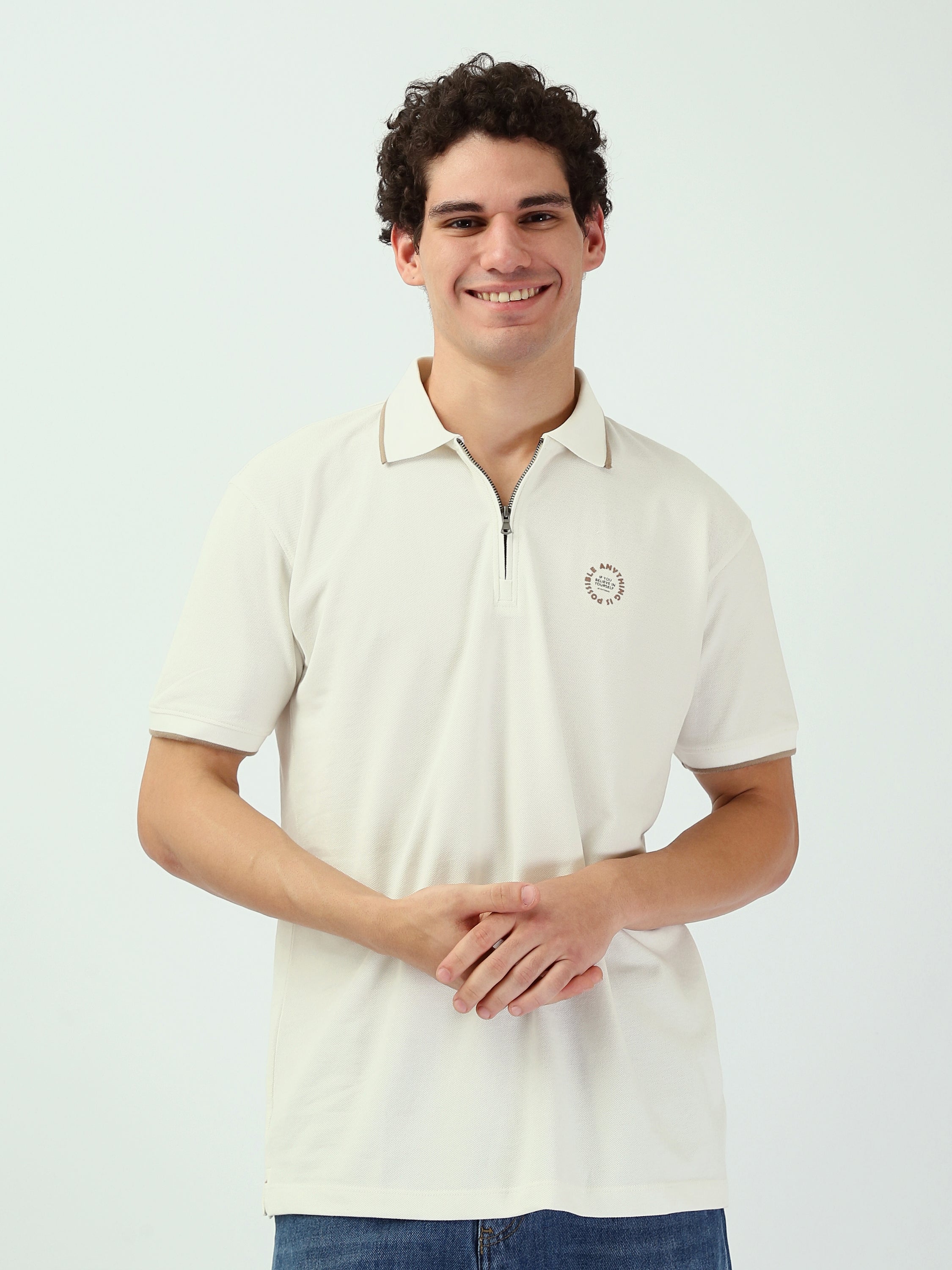 تي شيرت بولو رجالي أوف وايت مع سحاب - POS25SBPW21052TM1