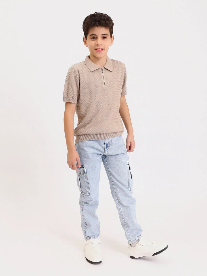 Polo Garçon en Maille Texturée avec Zip – Manches Courtes - POS25SKTR76864MJ1