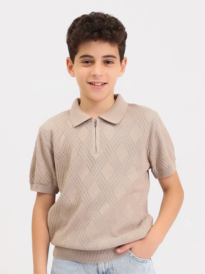 Polo Garçon en Maille Texturée avec Zip – Manches Courtes - POS25SKTR76864MJ1