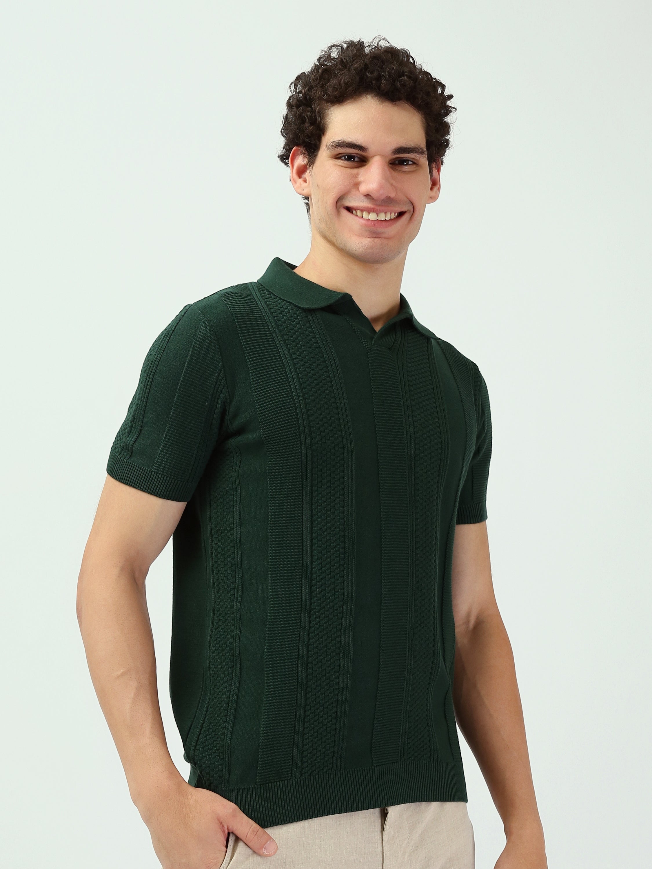 Polo Homme Vert Foncé Texturé – Style Élégant et Moderne - POS25SKTV21942TM1