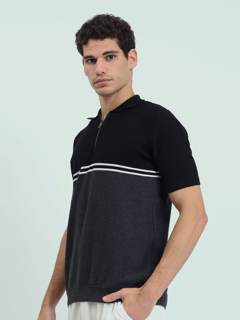 Polo Homme Noir et Gris à Col Zippé – Coupe Slim et Style Moderne - POS25SKTW21866TM1