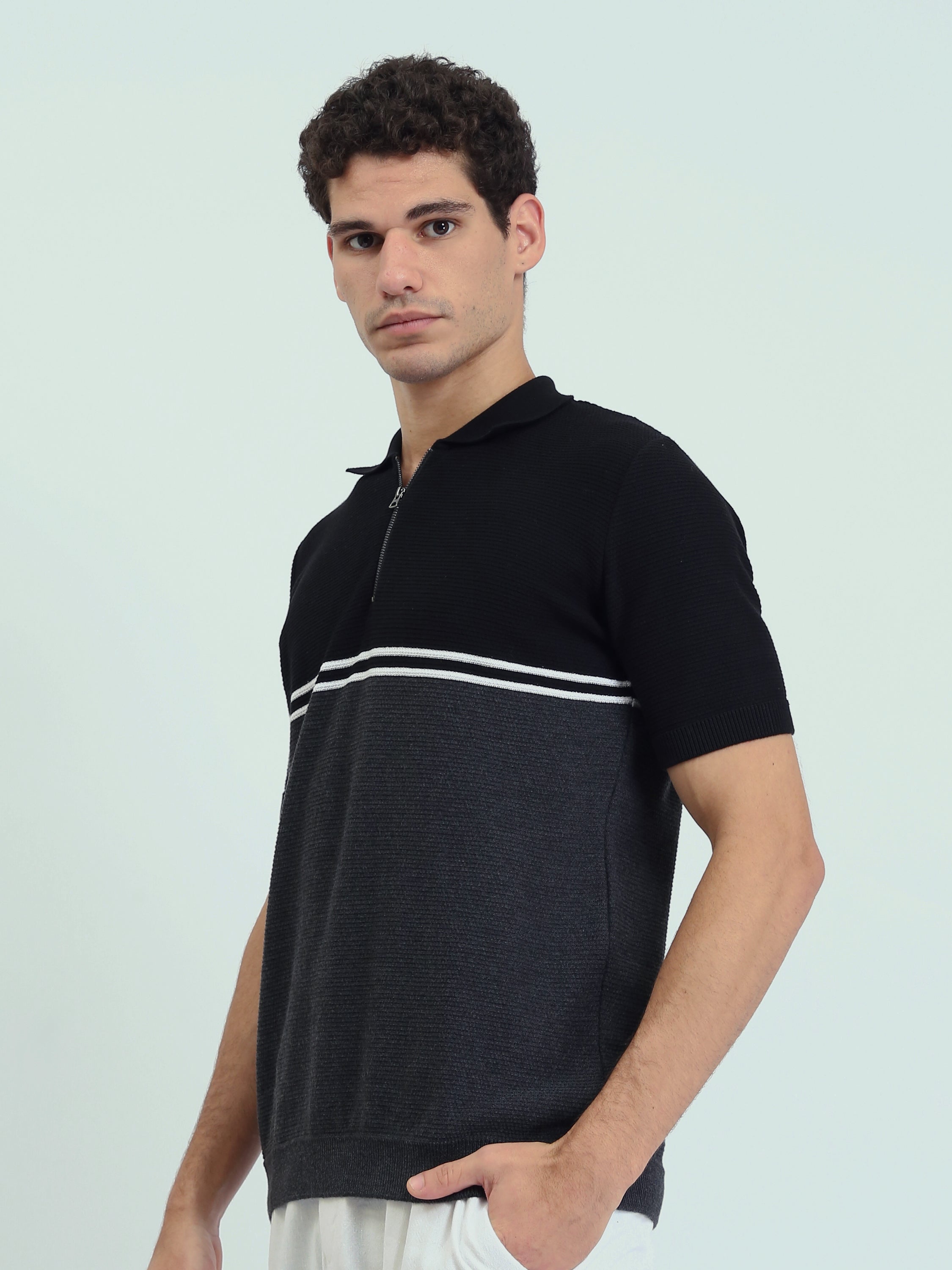 Polo Homme Noir et Gris à Col Zippé – Coupe Slim et Style Moderne - POS25SKTW21866TM1