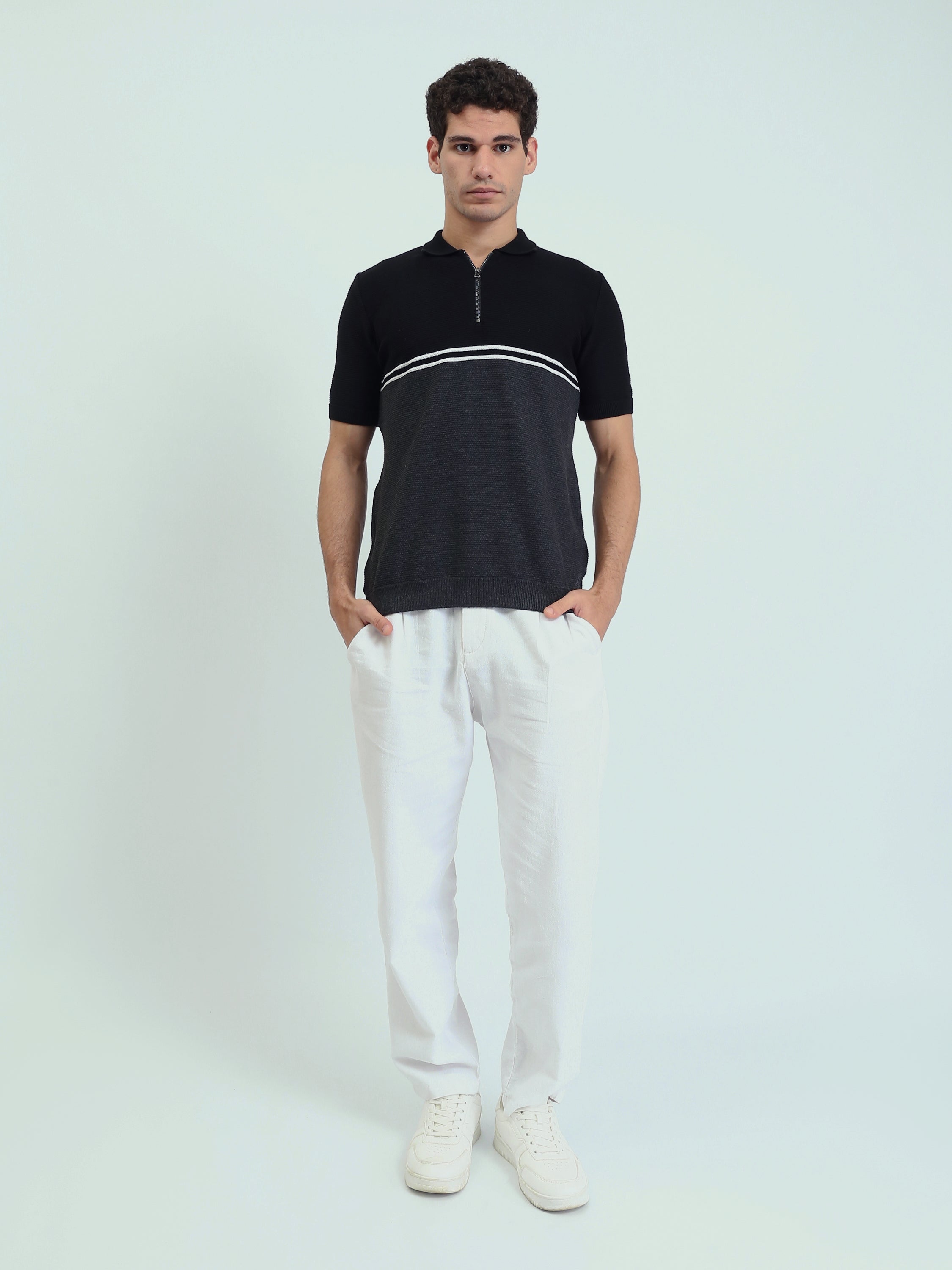 Polo Homme Noir et Gris à Col Zippé – Coupe Slim et Style Moderne - POS25SKTW21866TM1
