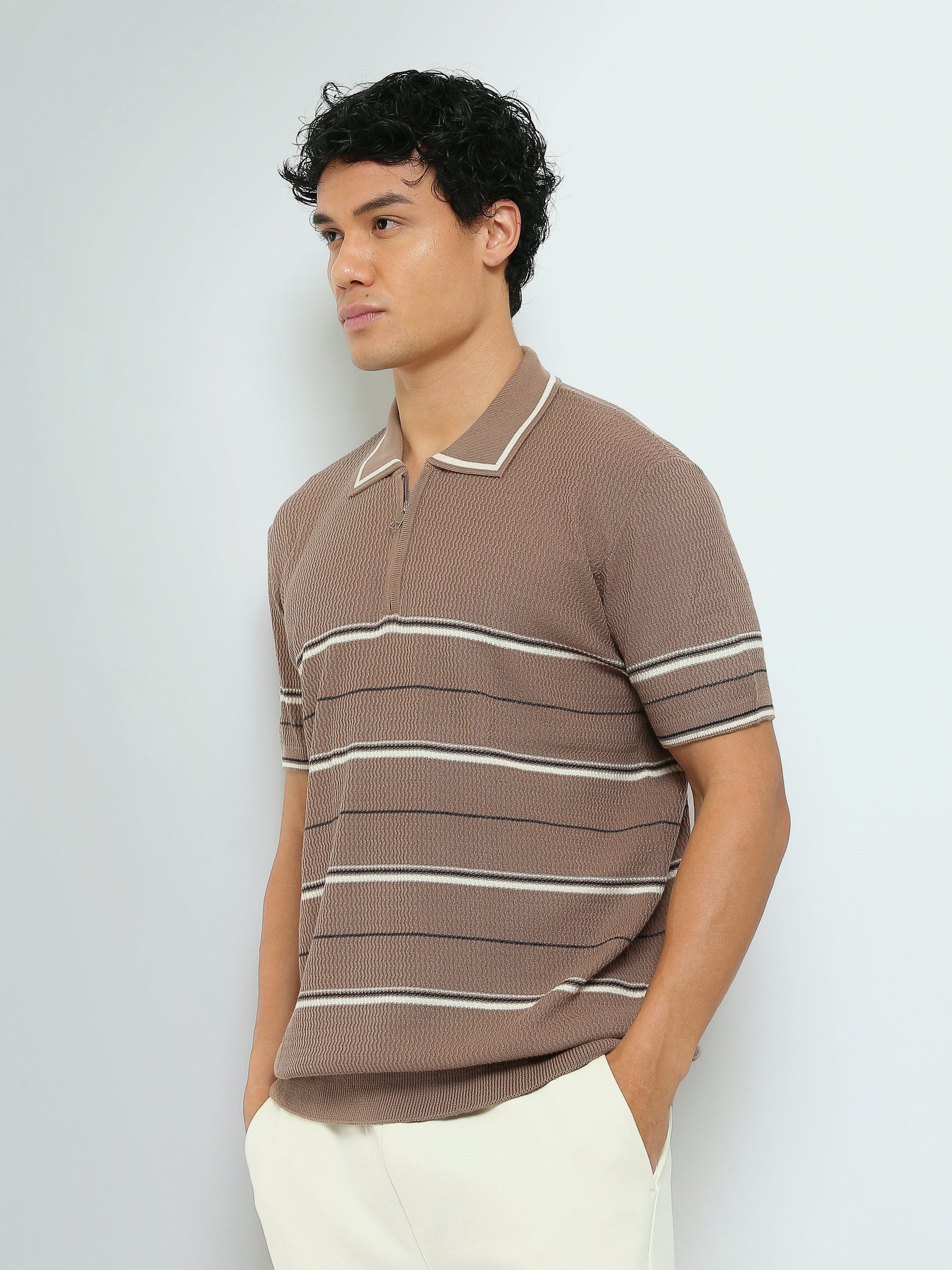 Polo Homme en Maille Rayée avec Col Zippé - POS25SKTW21867TM1