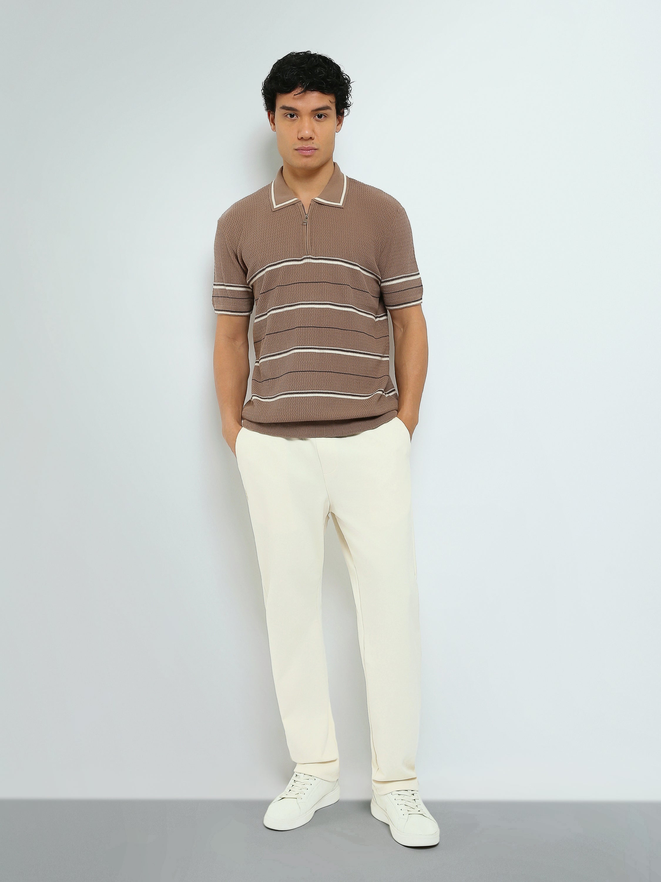 Polo Homme en Maille Rayée avec Col Zippé - POS25SKTW21867TM1