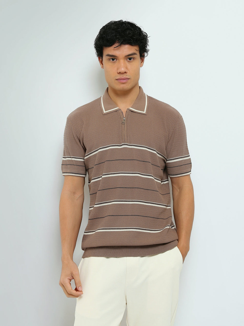 Polo Homme en Maille Rayée avec Col Zippé - POS25SKTW21867TM1