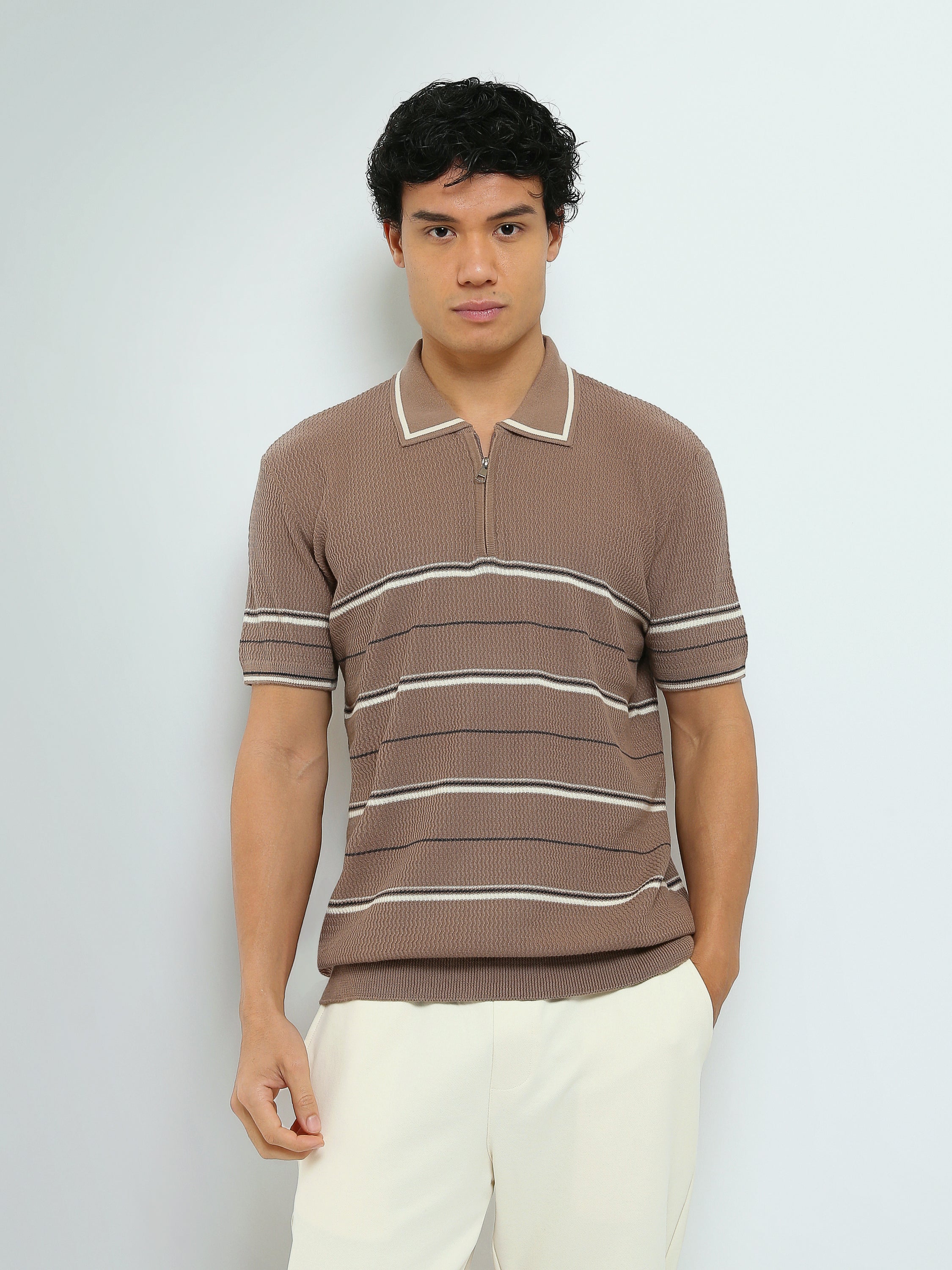 Polo Homme en Maille Rayée avec Col Zippé - POS25SKTW21867TM1