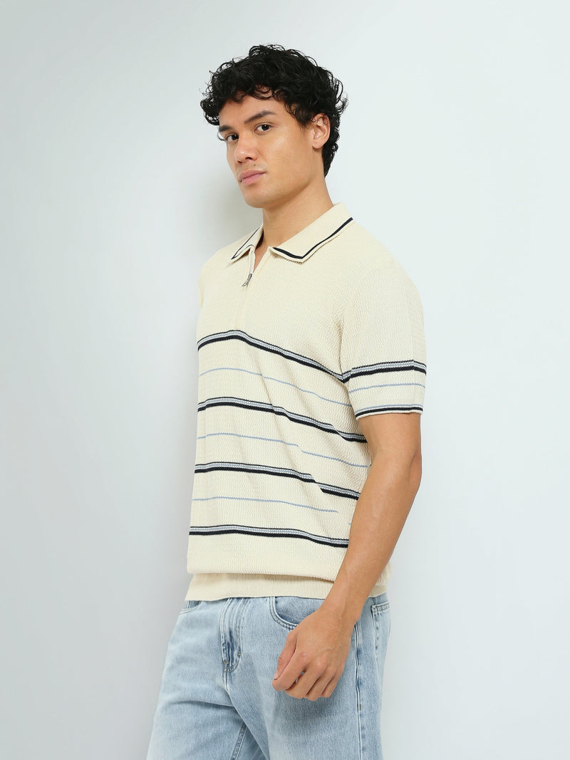 Polo Homme en Maille Rayée avec Col Zippé - POS25SKTW21867TM1