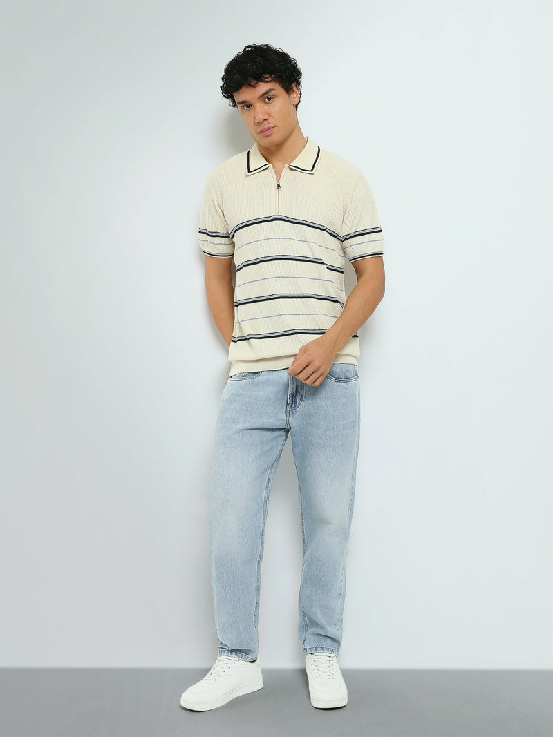 Polo Homme en Maille Rayée avec Col Zippé - POS25SKTW21867TM1