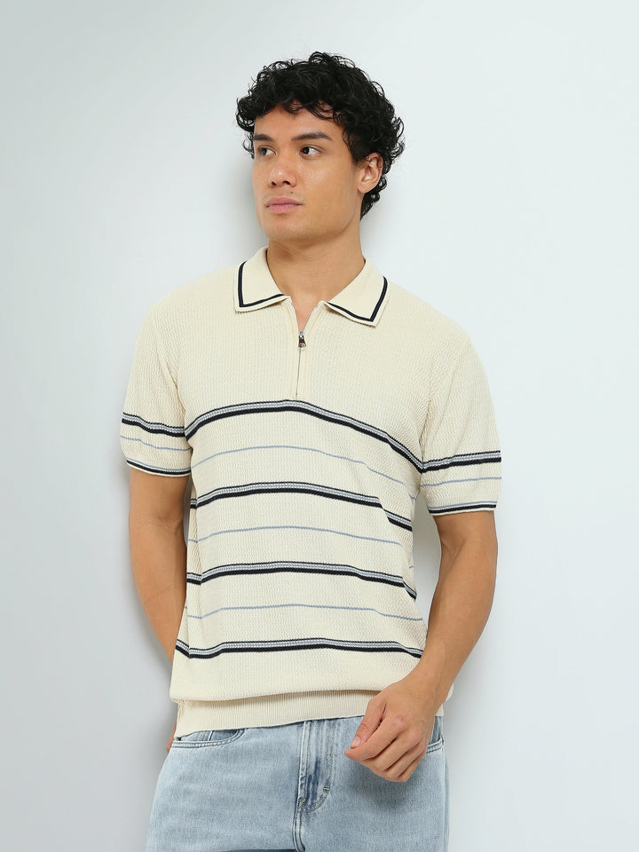 Polo Homme en Maille Rayée avec Col Zippé - POS25SKTW21867TM1