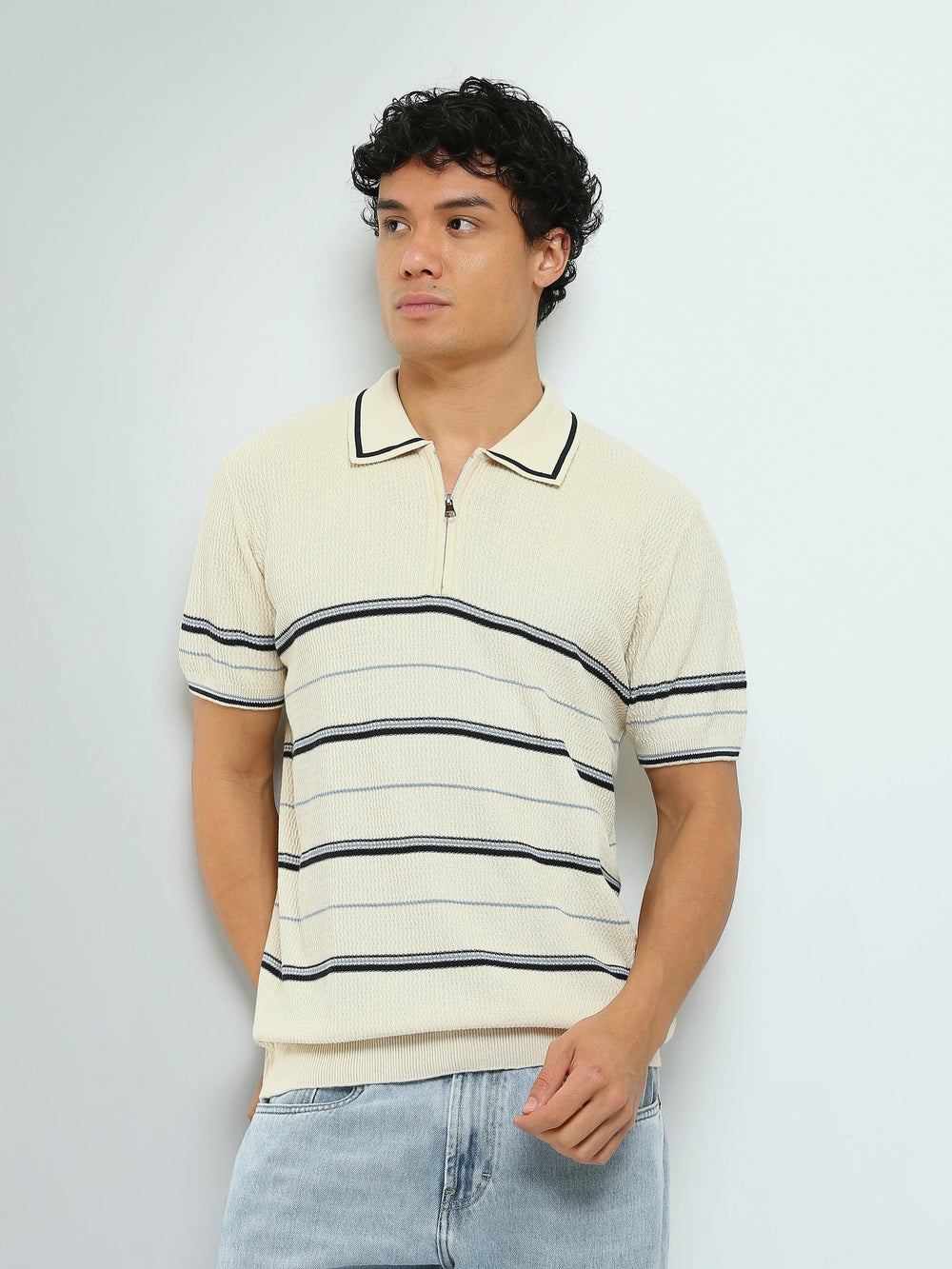 Polo Homme en Maille Rayée avec Col Zippé - POS25SKTW21867TM1