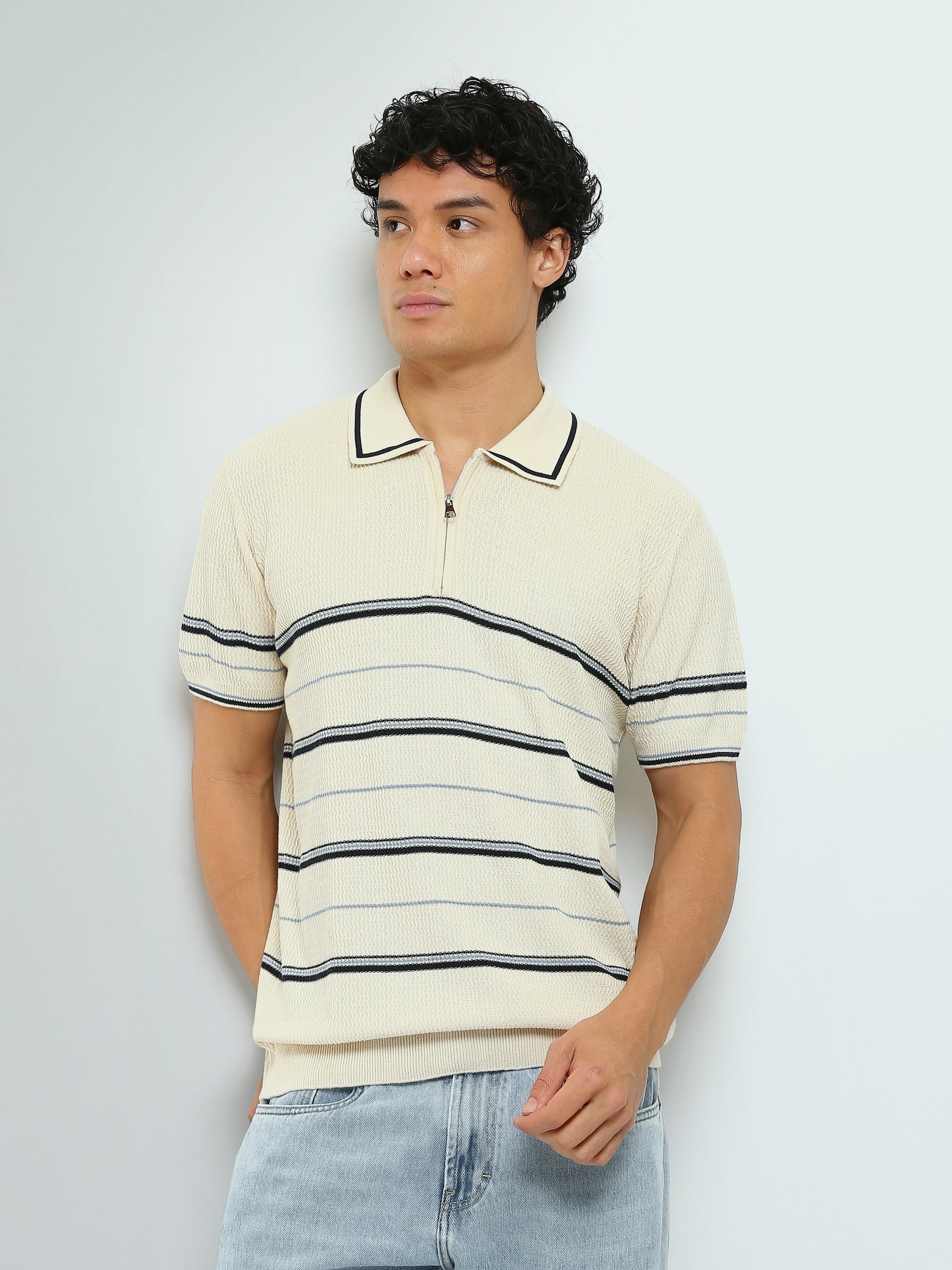 Polo Homme en Maille Rayée avec Col Zippé - POS25SKTW21867TM1