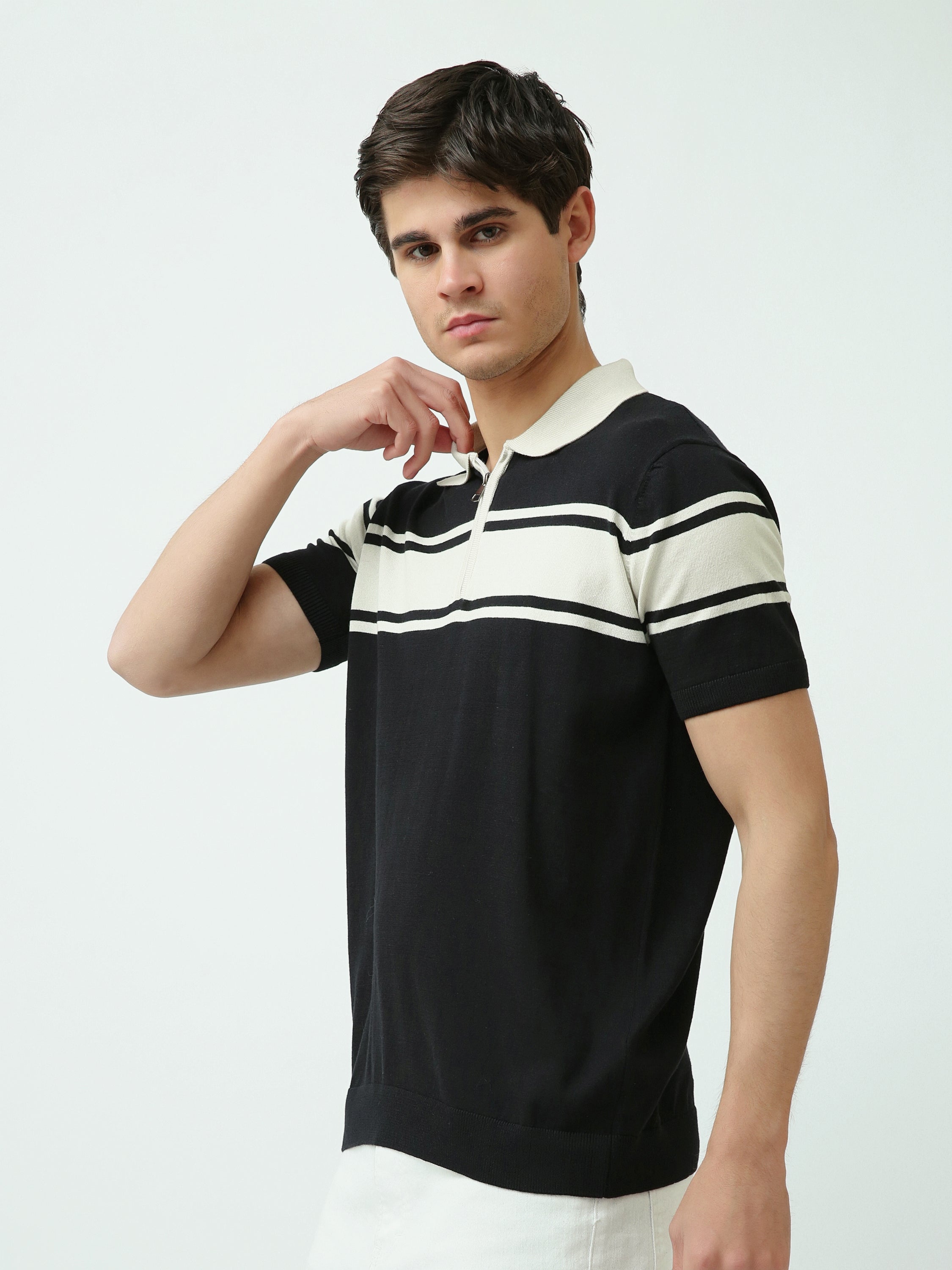 Polo Homme en Maille Rayée avec Col Zippé - POS25SKTW21870TM1