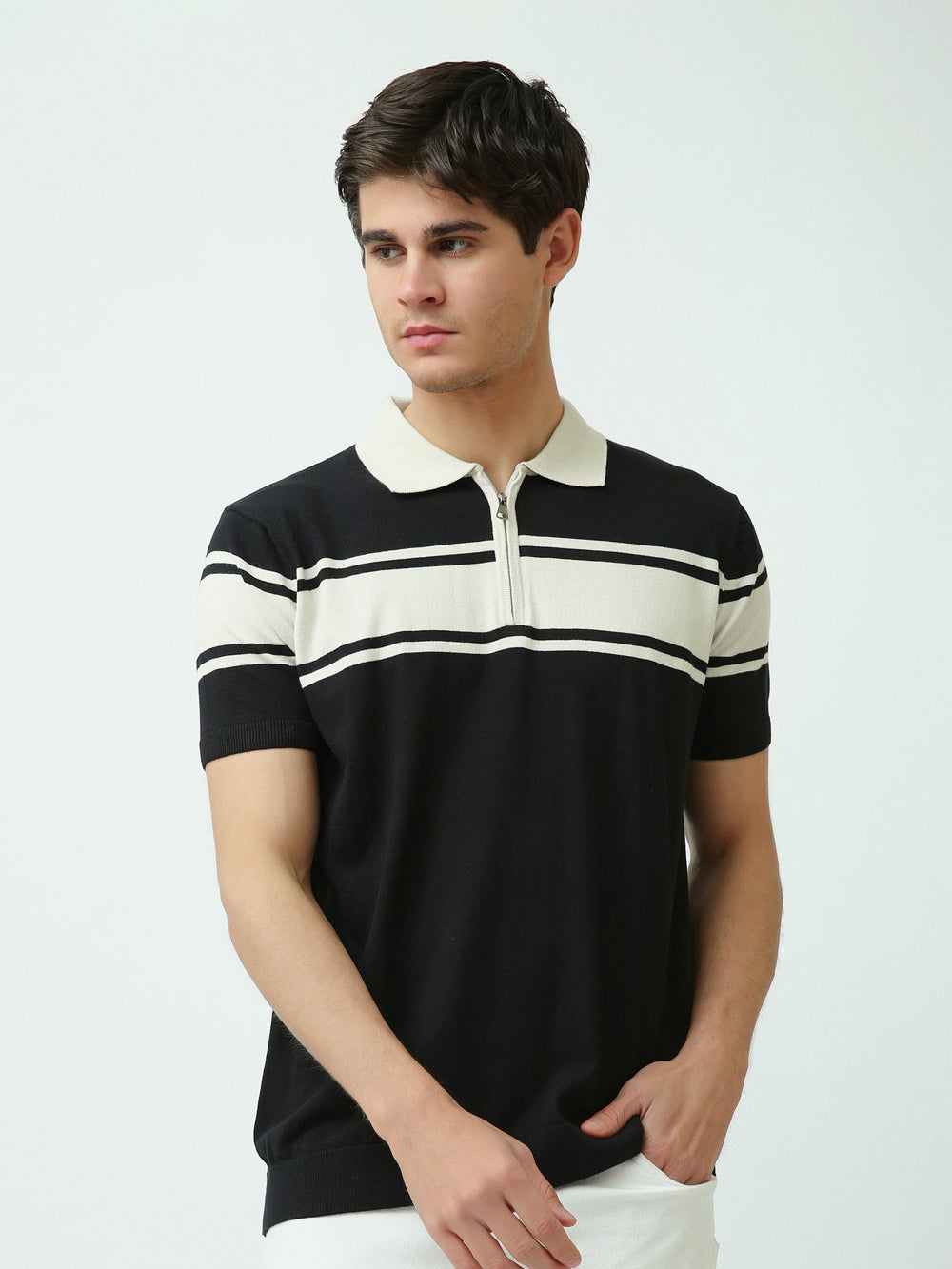 Polo Homme en Maille Rayée avec Col Zippé - POS25SKTW21870TM1