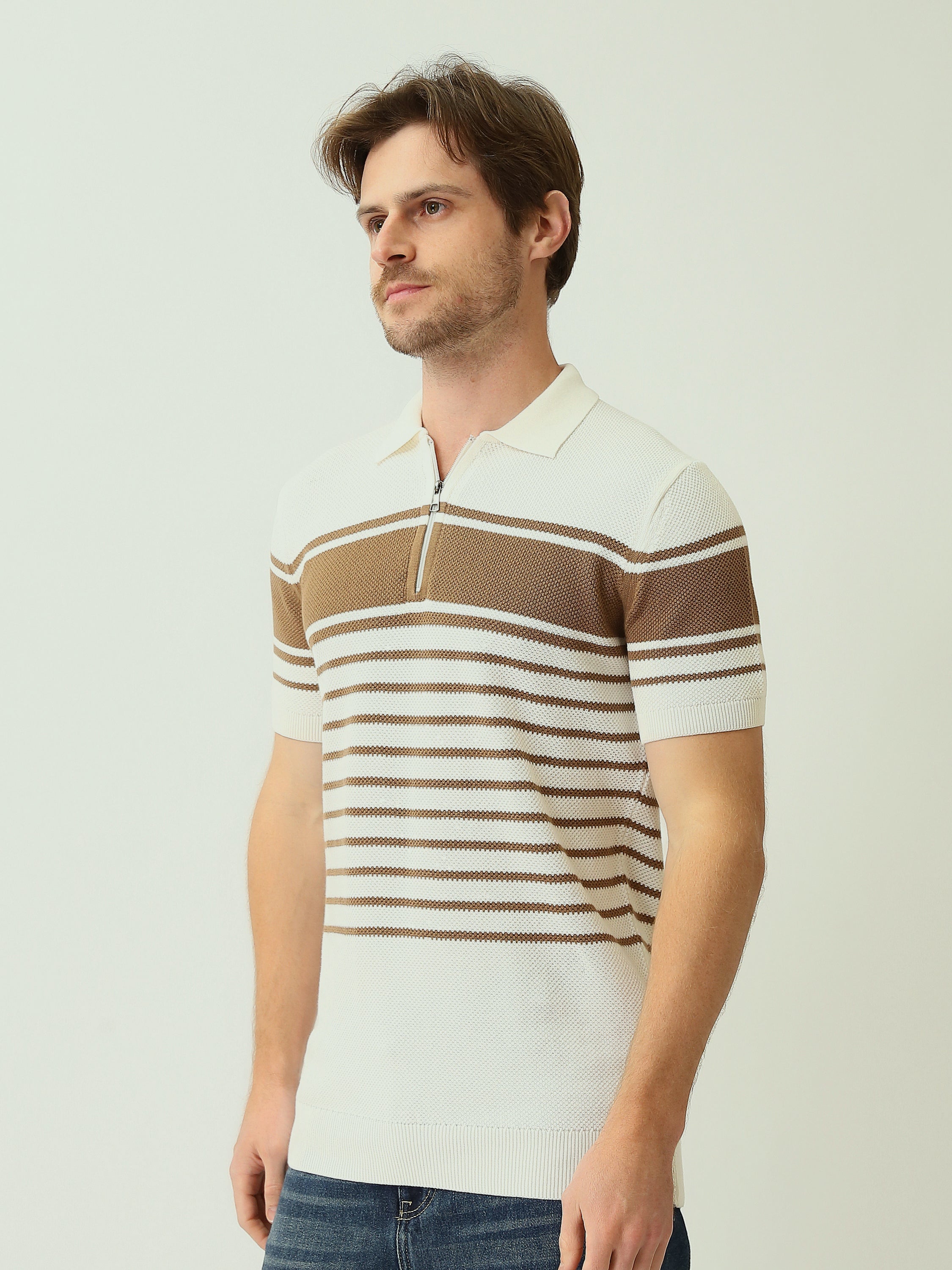 Polo Homme en Maille Rayée à Col Zippé – Style Chic - POS25SKTW21955TM1
