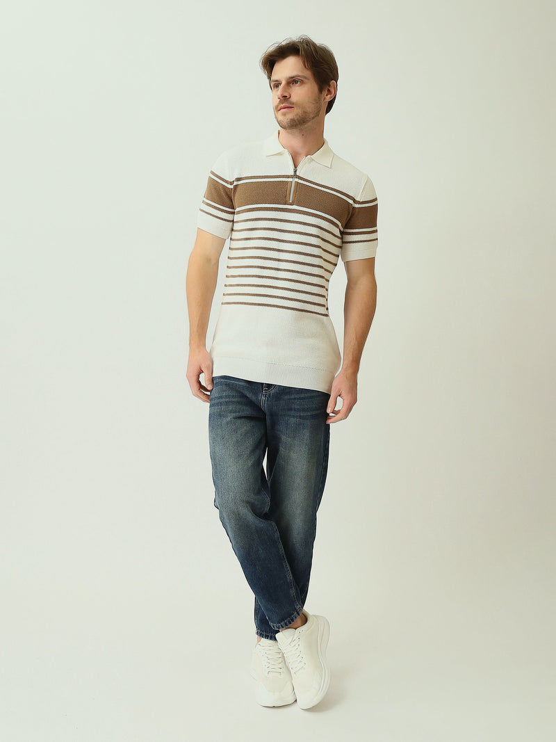 Polo Homme en Maille Rayée à Col Zippé – Style Chic - POS25SKTW21955TM1